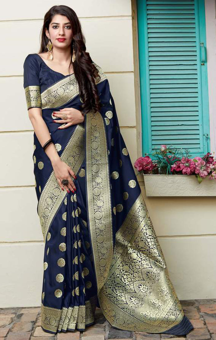 Elegant Navy Blue Banarasi Satin Silk Designer Saree for Women | Traditional Indian Party Wear | Perfect for Weddings, Festivals & Special Occasions