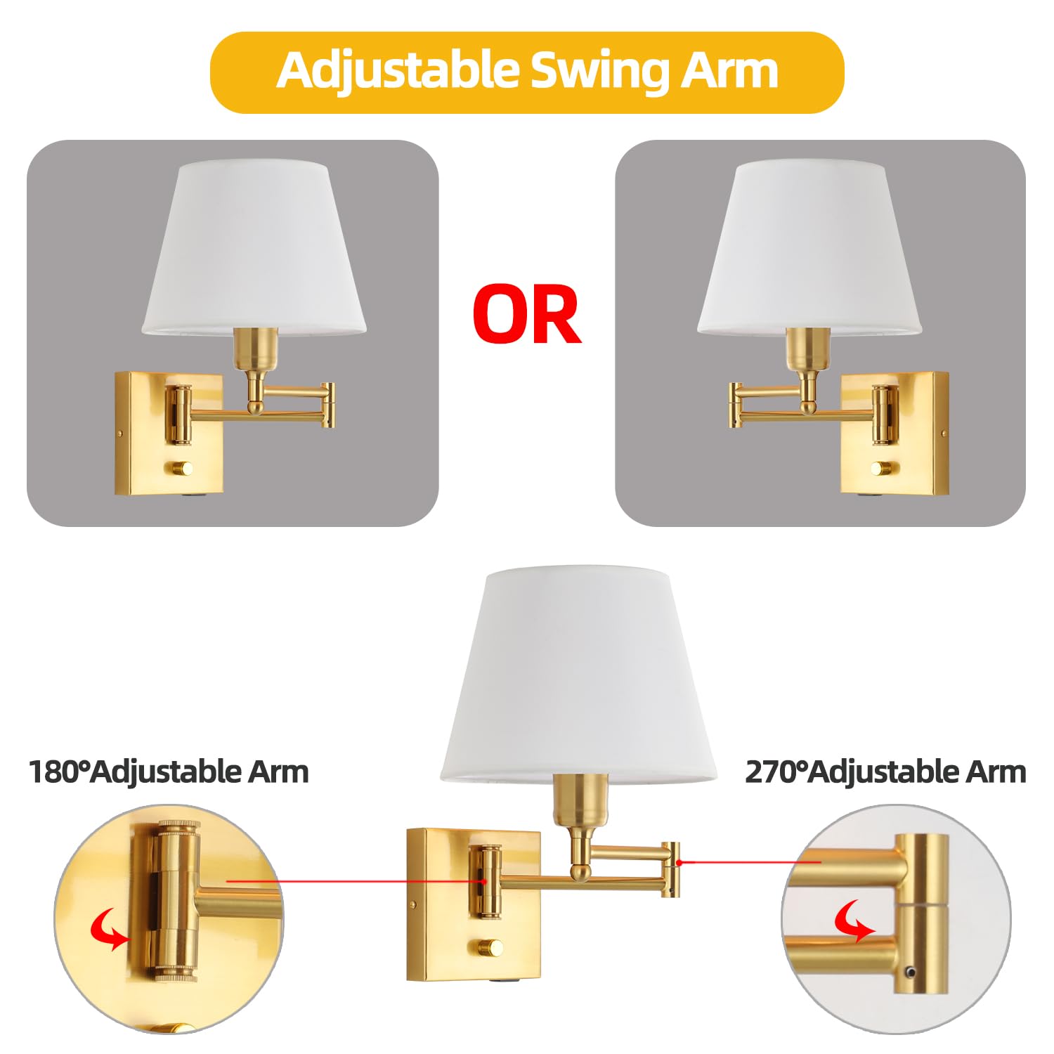 Dimmable Swing Arm Wall Sconce Light with USB Port - Adjustable Fabric Shade Bedside Lamp with Plug-in Cord, Gold Wall Light for Bedroom, Living Room & Hotel | Perfect for Reading, Nightstand Lighting and Modern Home Decor