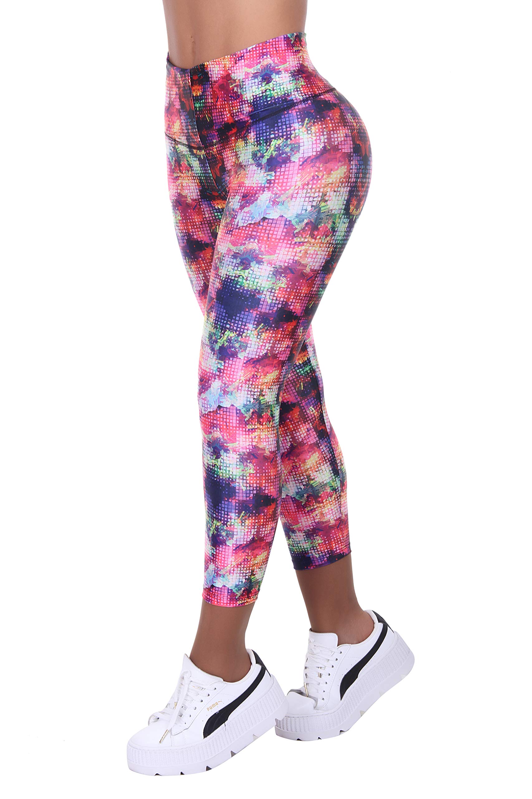 Women's High Waisted Capri Leggings - Pink & Purple Floral Print with Built-in Body Shaper & Butt Lifting - Tummy Control Workout Yoga Pants for Gym, Running & Casual Wear