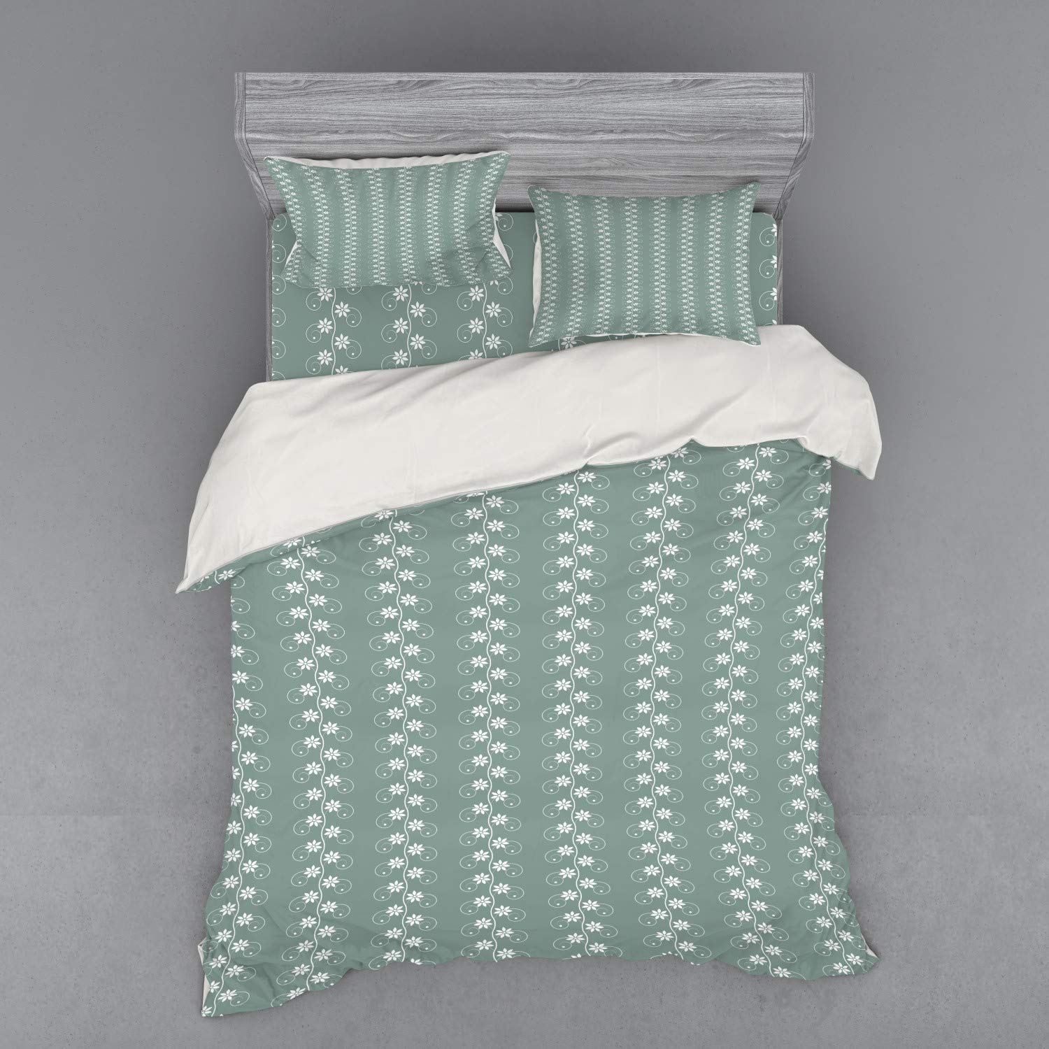 Ambesonne Queen Size 4-Piece Duvet Cover Set - Vintage Floral Rococo Lace Pattern Bedding with Shams & Fitted Sheet in Pale Sage Green & White | Spring Home Decor, Guest Room Upgrade, Romantic Bedroom Makeover