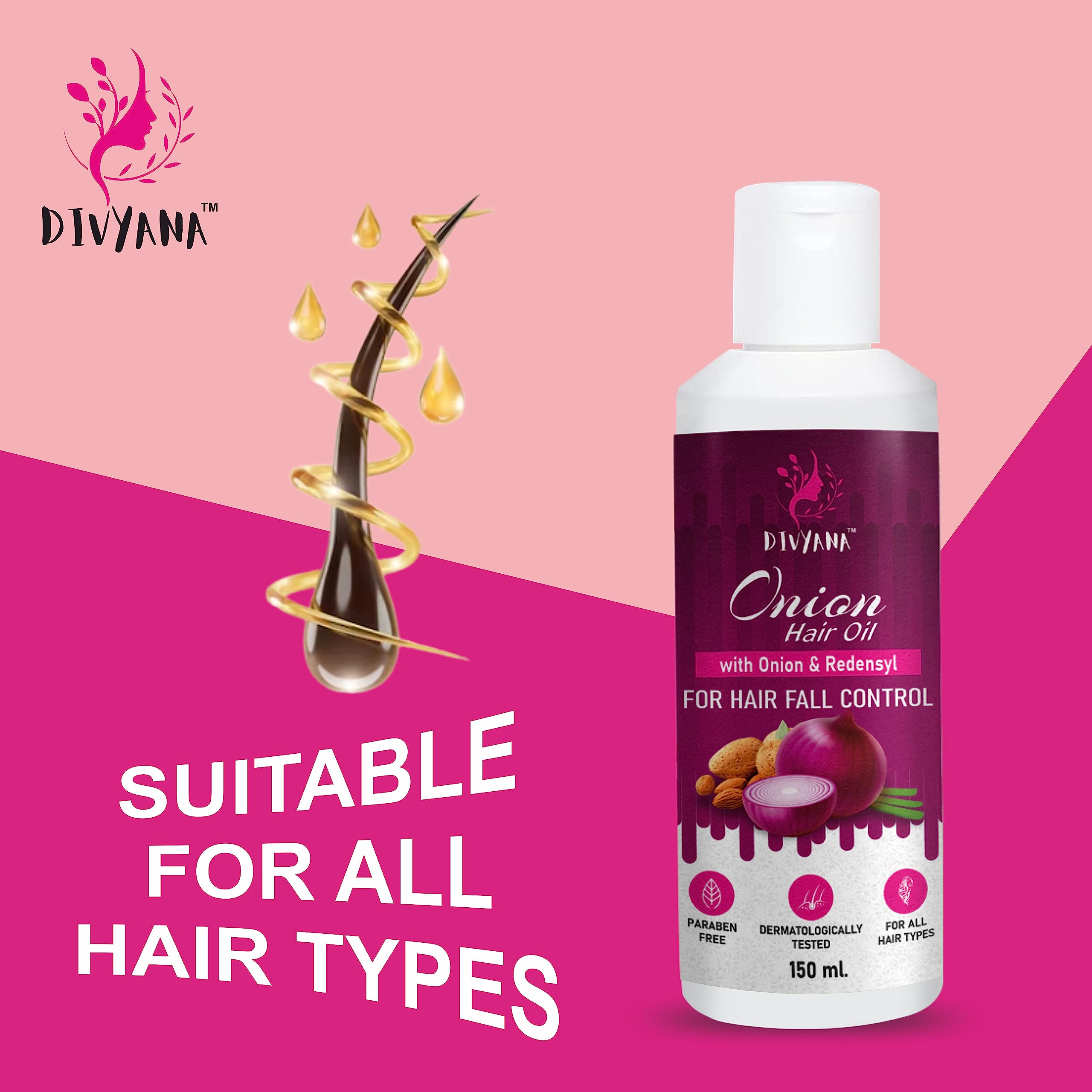 Divyana Onion Hair Oil for Hair Growth & Hair Fall Control with Redensyl – 150ml | Natural Hair Regrowth Treatment for Thinning Hair | Perfect for Daily Scalp Massage & Damaged Hair Repair