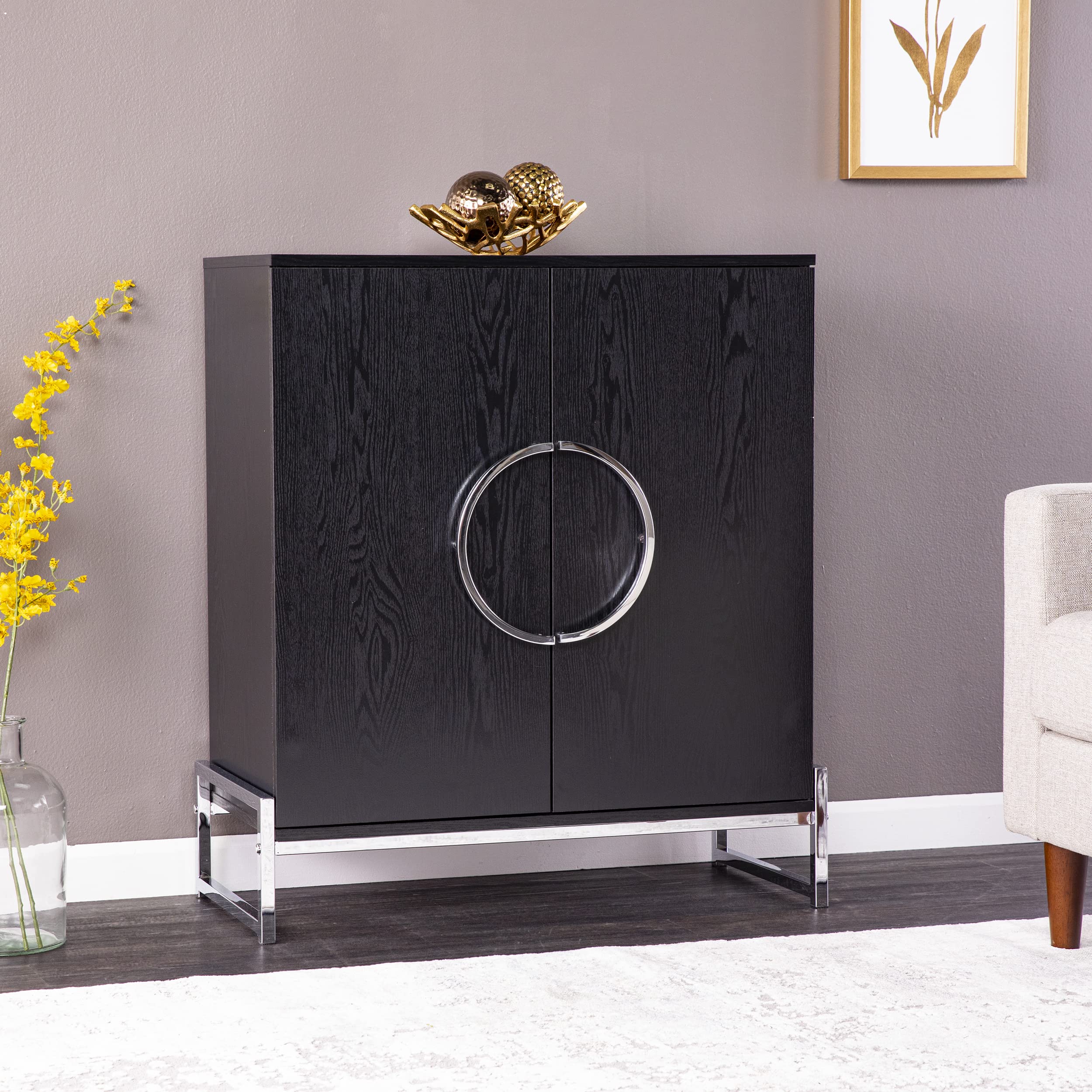 SEI Furniture Pierton Double-Door Bar Cabinet with Glass Shelves - Modern Black Liquor Storage for Home Bar, Dining Room or Office - Perfect for Entertaining Guests & Organizing Wine Bottles