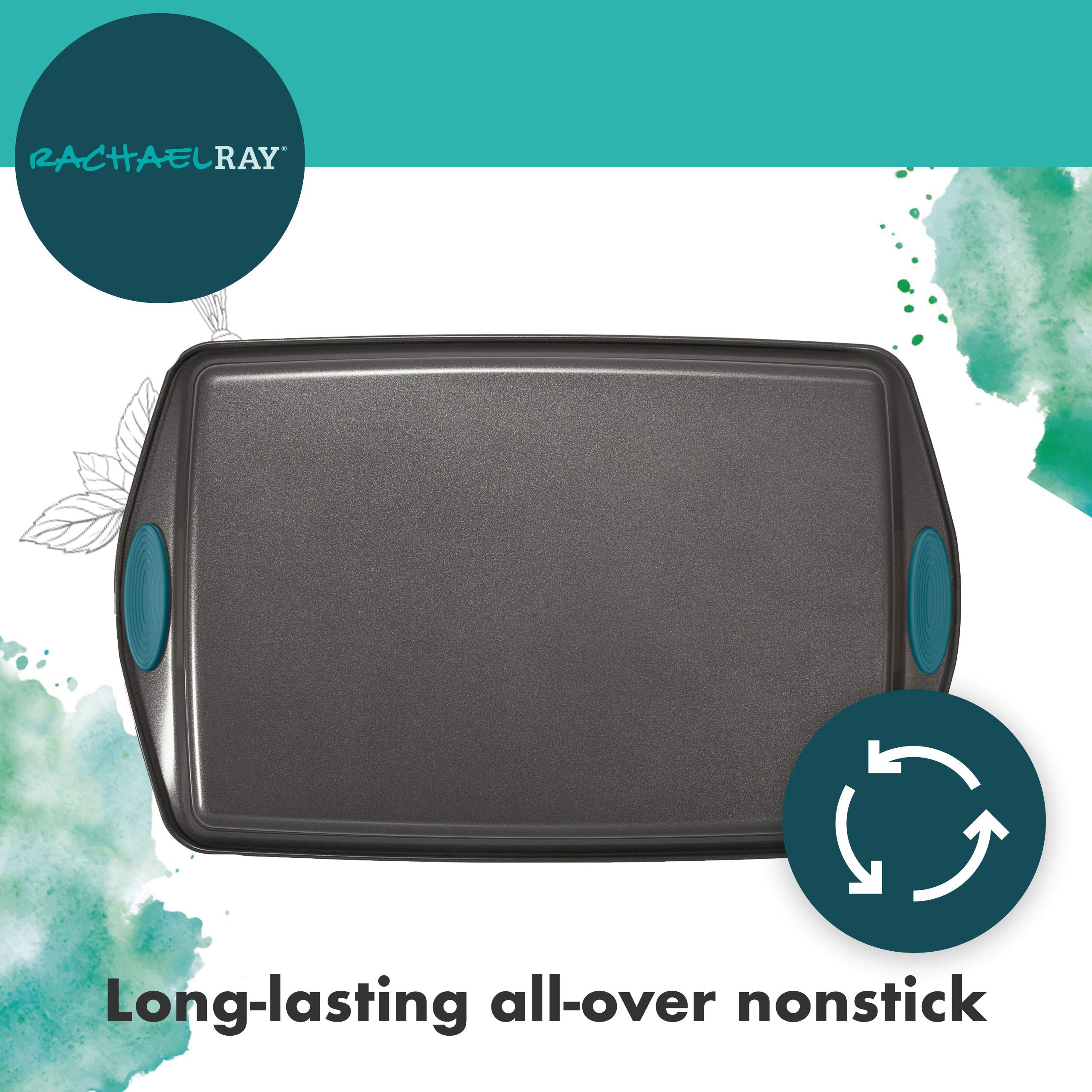 Rachael Ray Cucina 11-Inch Hard Anodized Nonstick Griddle Pan & Flat Grill with Agave Blue Handle - 3-Piece Nonstick Bakeware Set for Cookies, Baking & Grilling - Perfect for Pancakes, Burgers & Sheet Pan Dinners