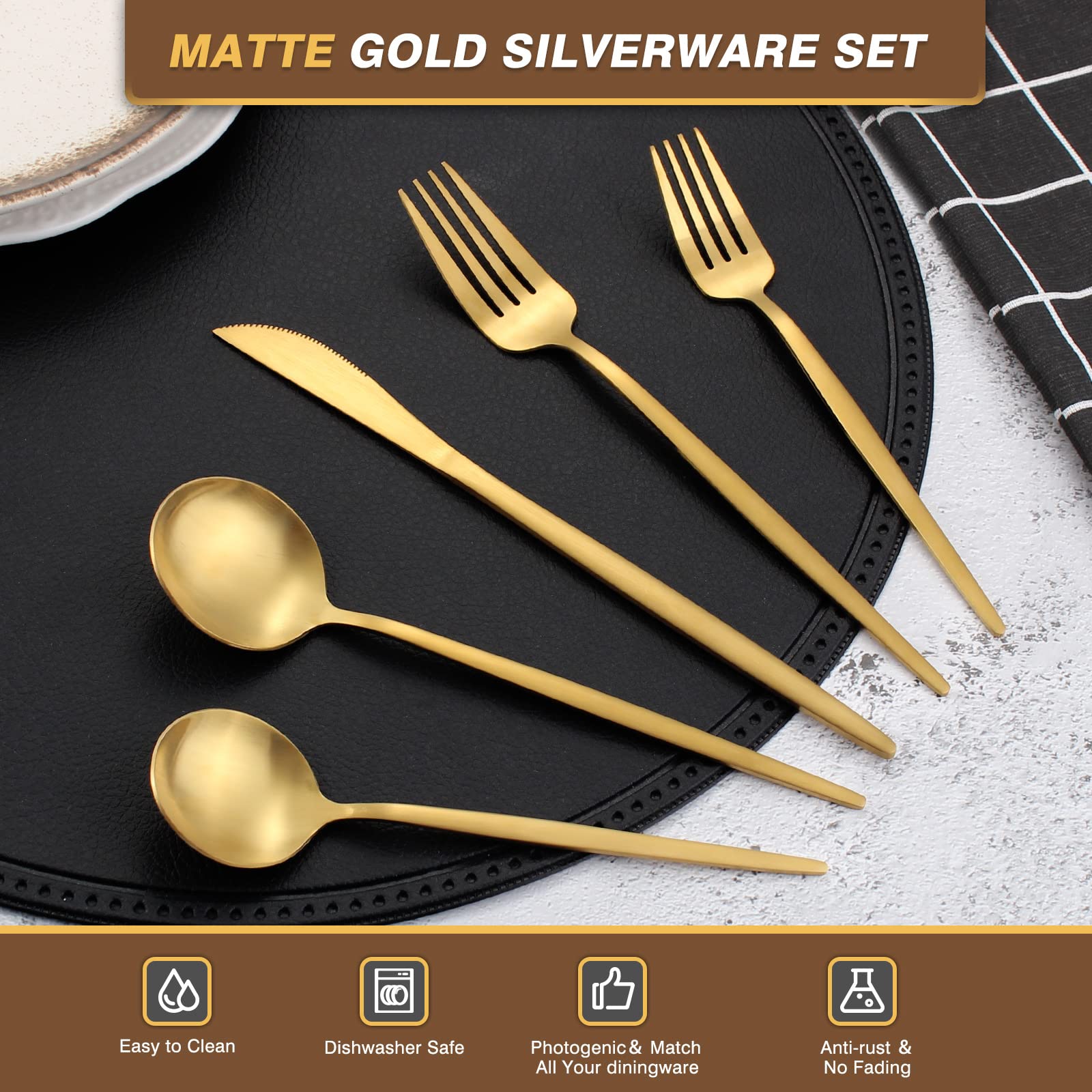 40-Piece Matte Gold Stainless Steel Flatware Set - Service for 8 with Dinner Knives, Forks & Spoons - Dishwasher Safe Cutlery Set for Everyday Dining & Entertaining