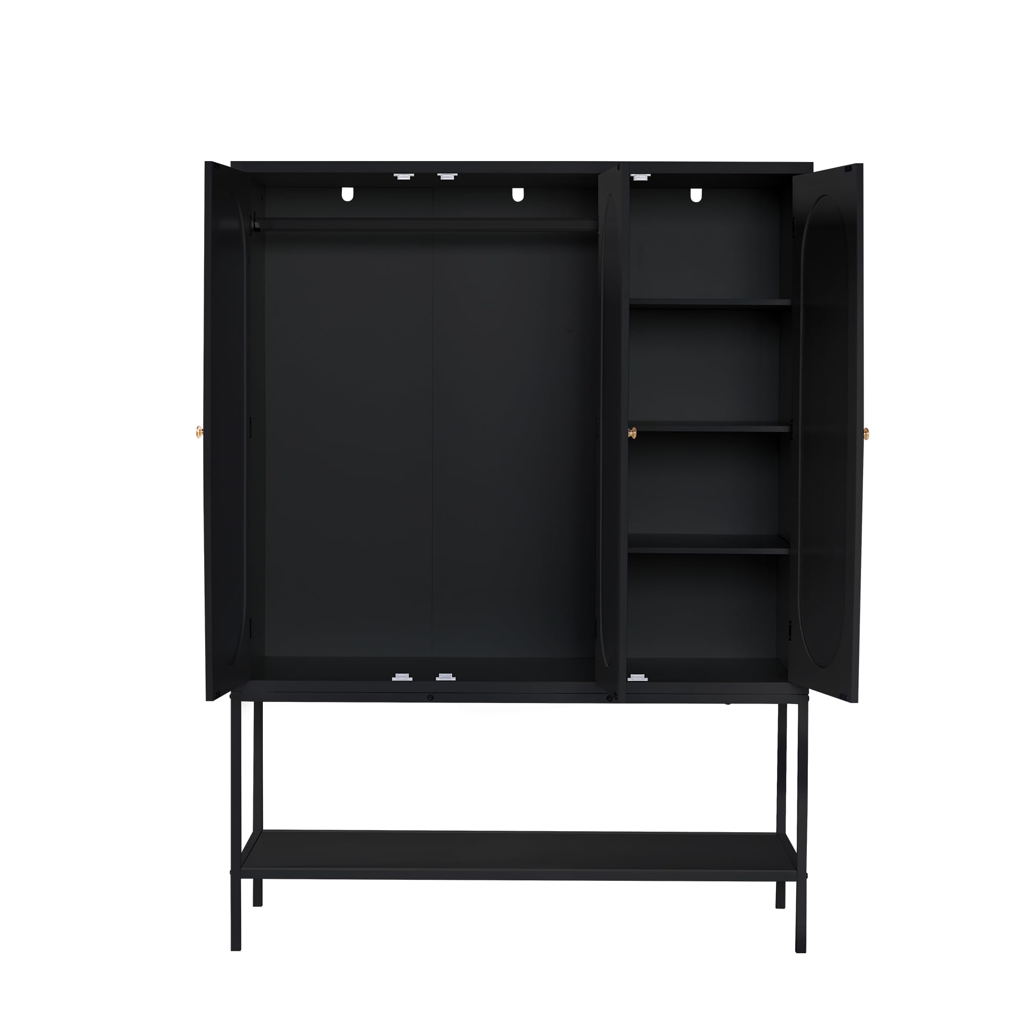 LEVNARY 3-Door Large Armoire Wardrobe Closet - Freestanding Rattan Cabinet with Hanging Rail for Clothes Storage, Wooden Closet Organizer for Bedroom, Black (47.24