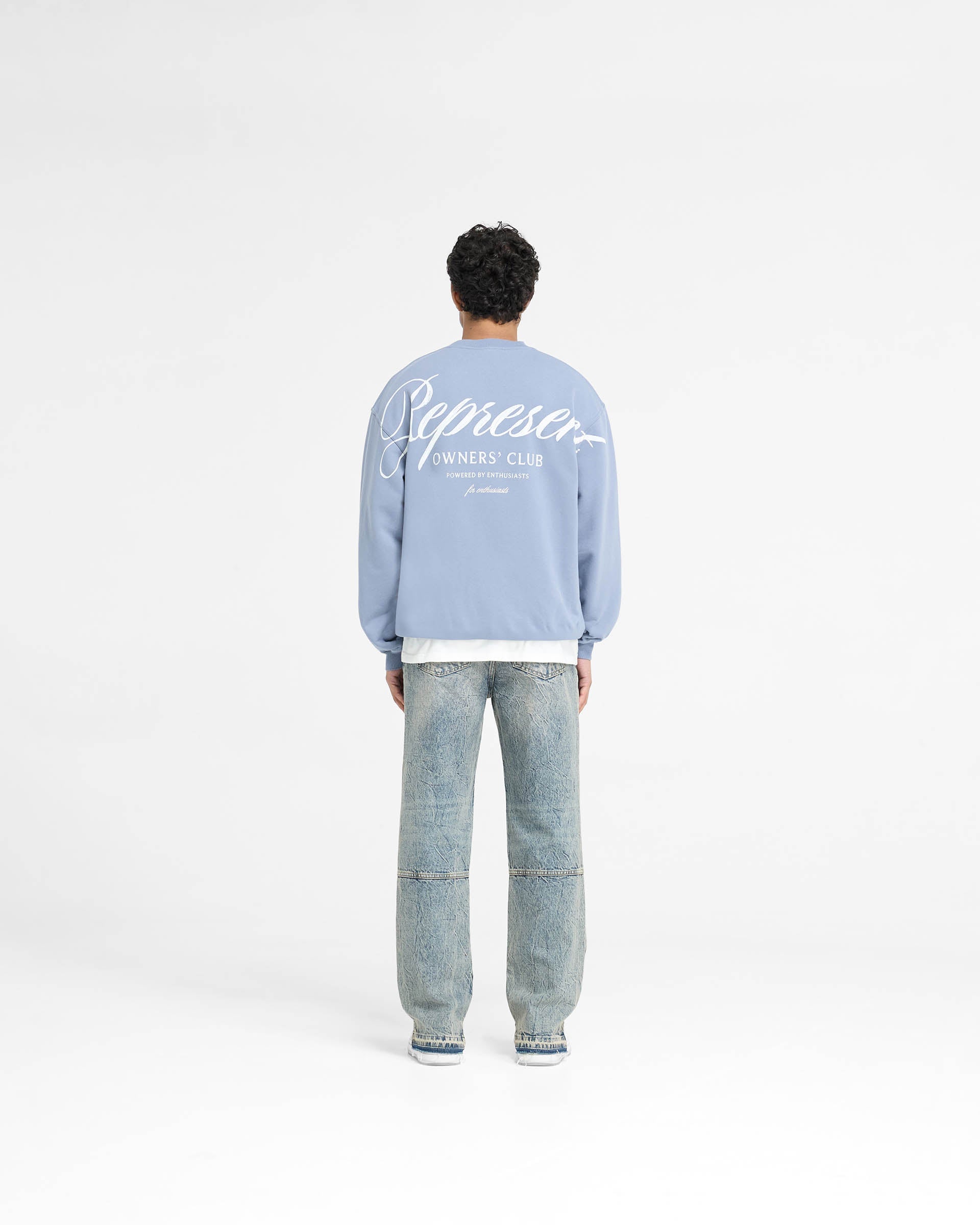 Represent Owners Club Script Sweater - Dusty Blue | Trendy Oversized Knit Pullover | Perfect for Streetwear & Casual Outfits