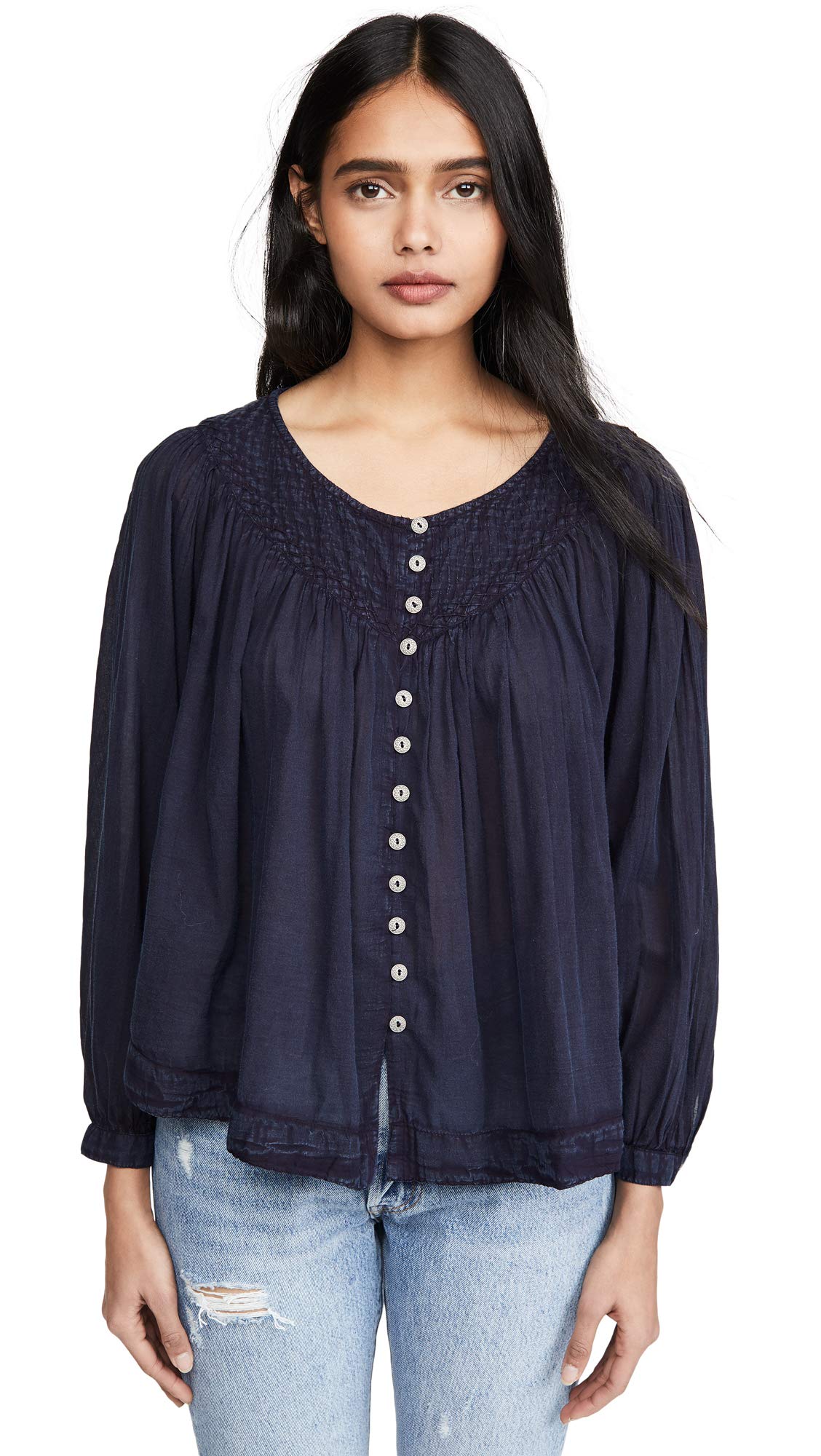 Free People Women's Cool Meadow Button Down Shirt - Navy Blue Long Sleeve Casual Blouse for Work, Date Night & Everyday Wear | Size L