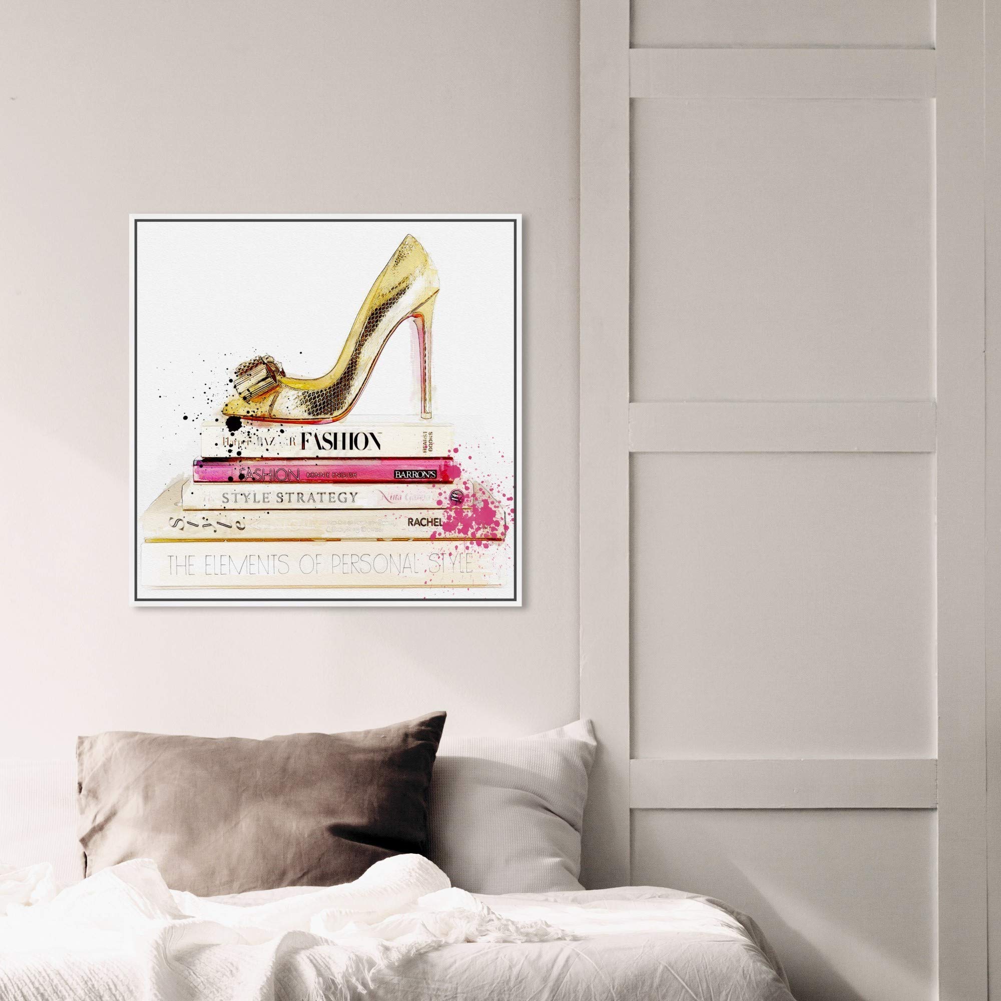 Gold Shoe and Fashion Books Framed Wall Art Canvas Print - 24