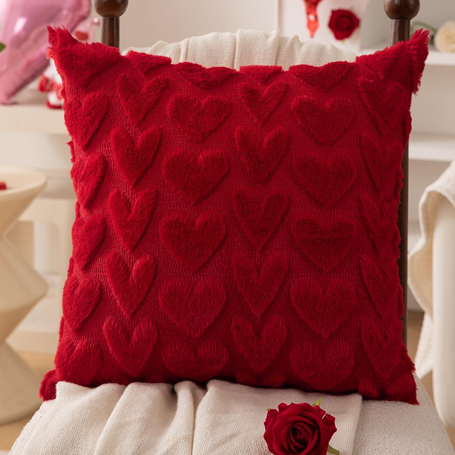 Valentine's Day Pillow Covers Set of 2 - 18x18 Inch Red Heart Plush Faux Fur Jacquard Throw Pillows for Sofa, Bedroom, Couch - Romantic Home Decor for Valentine's Day, Christmas, Holidays & Festivals - Perfect for Couples Gift & Cozy Home Decoration