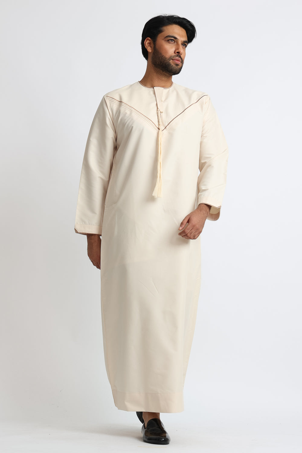 J101 Champagne Boys Pleated Emirati Thobe - Traditional Arabic Robe for Kids, Eid & Special Occasions