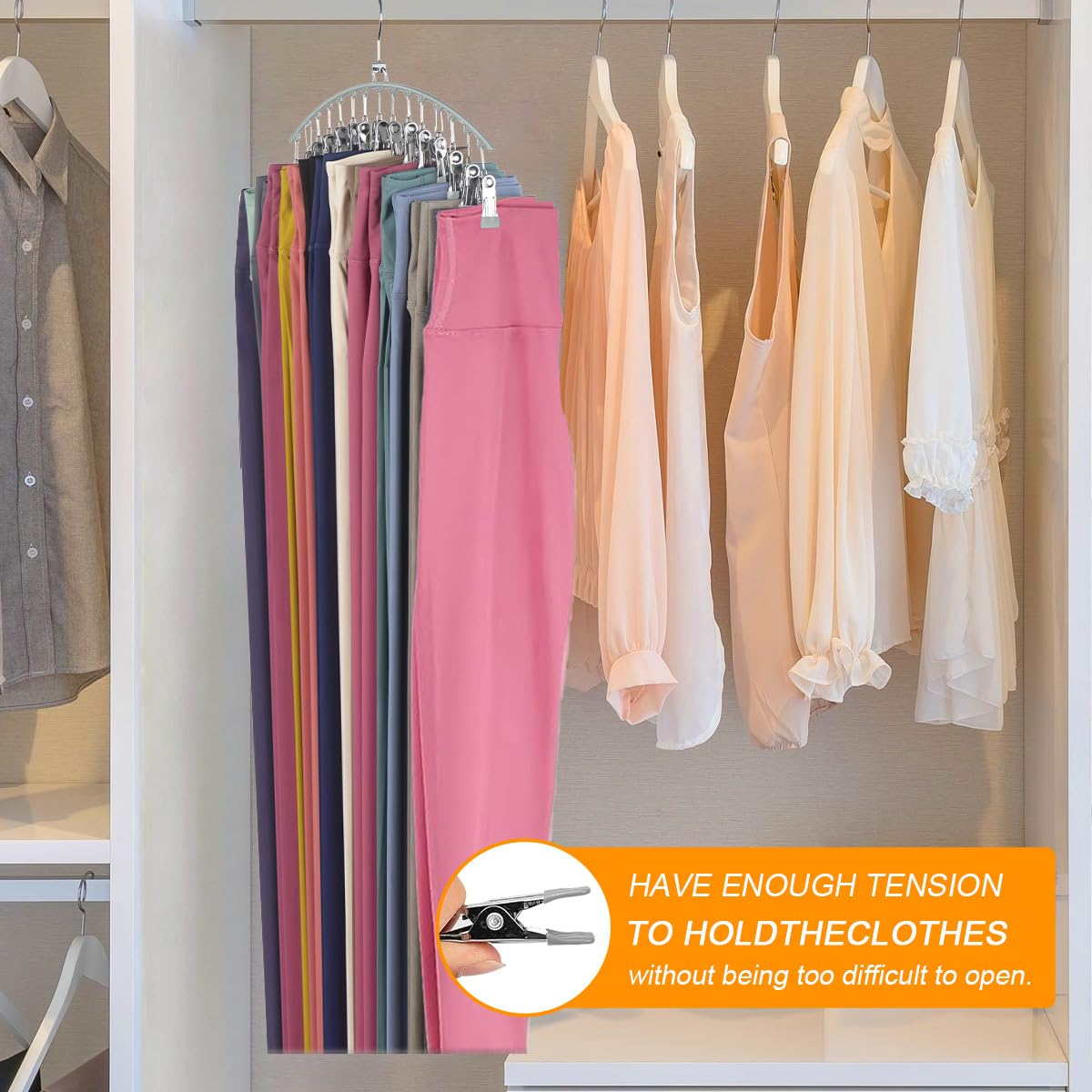 3-Pack Space Saving Closet Organizer with 15 Clips - Rubber Coated Leggings & Yoga Pants Hanger - Grey - Perfect for Wardrobe, Closet & Travel Storage Organization
