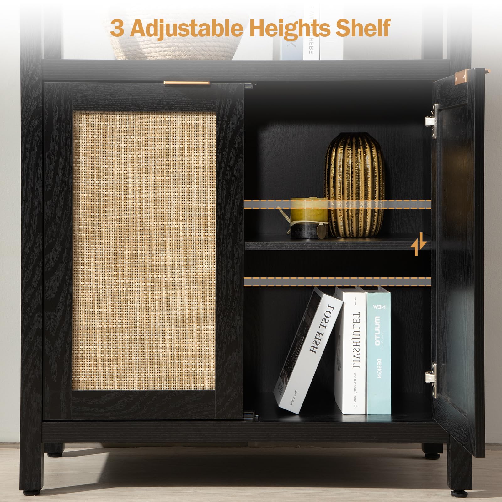 5-Tier Rattan Boho Bookshelf with Doors - 71