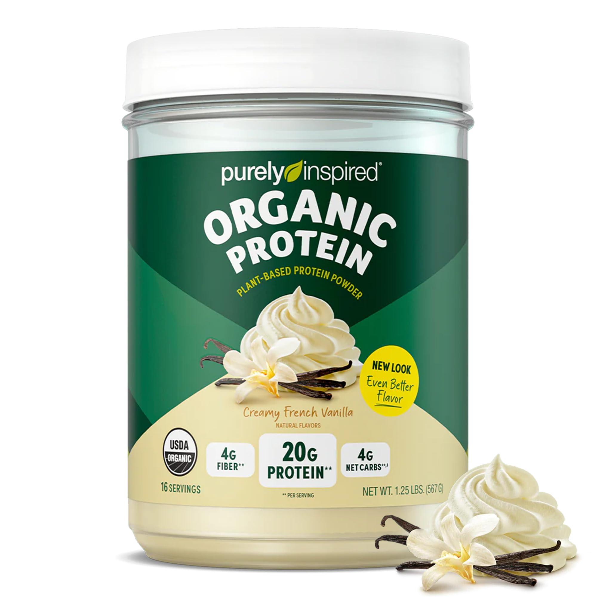 Purely Inspired Organic Vegan Plant-Based Protein Powder - Creamy French Vanilla Flavor, 20g Pea Protein per Serving (16 Servings) - Dairy-Free, Gluten-Free, Non-GMO - Perfect for Smoothies, Shakes & Post-Workout Recovery