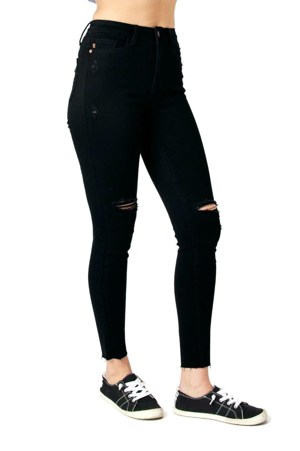 Judy Blue Women's Black Distressed Raw Hem High Rise Ankle Skinny Jeans | Trendy Stretch Denim Pants for Casual Wear & Night Out