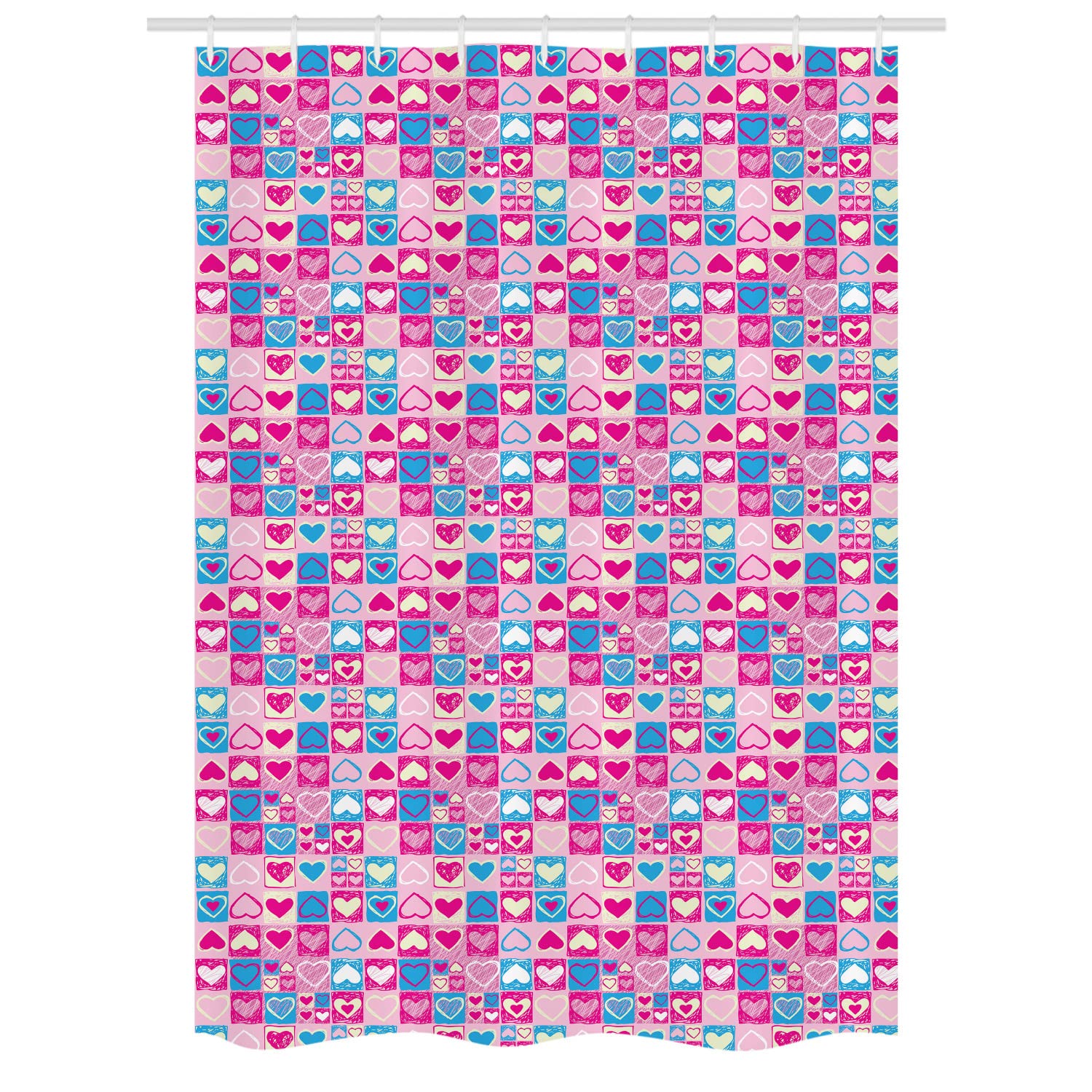 Ambesonne Romantic Love Stall Shower Curtain - Doodle Sketchy Hearts in Squares Design for Girls, Pink Blue Cream Bathroom Decor, 54