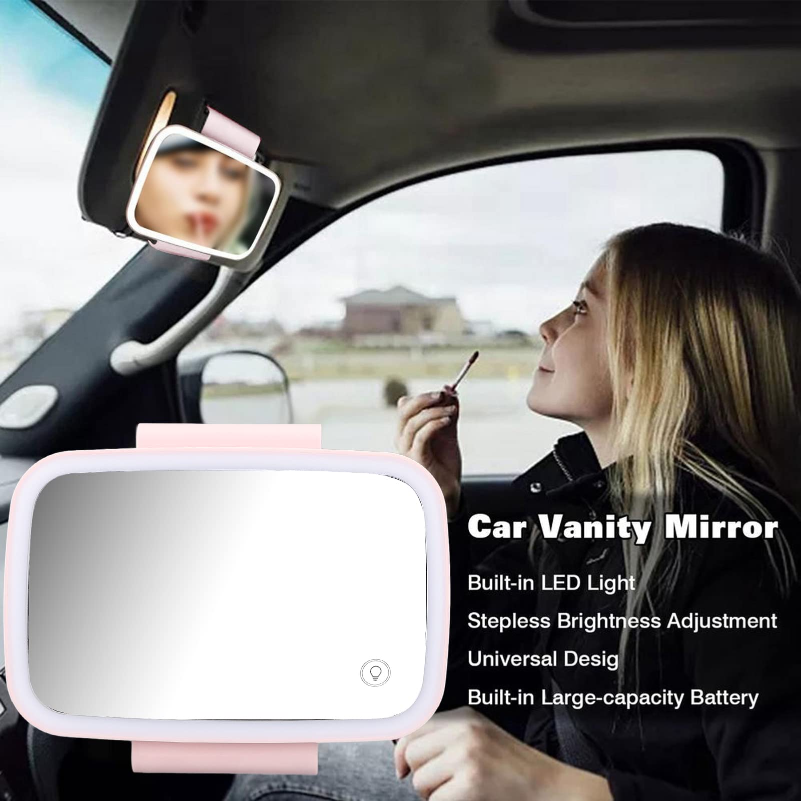 Car Makeup Mirror with LED Lights - Touch Screen Vanity Mirror for Women, Pink - Perfect for On-the-Go Makeup in Car, Travel & Daily Commute