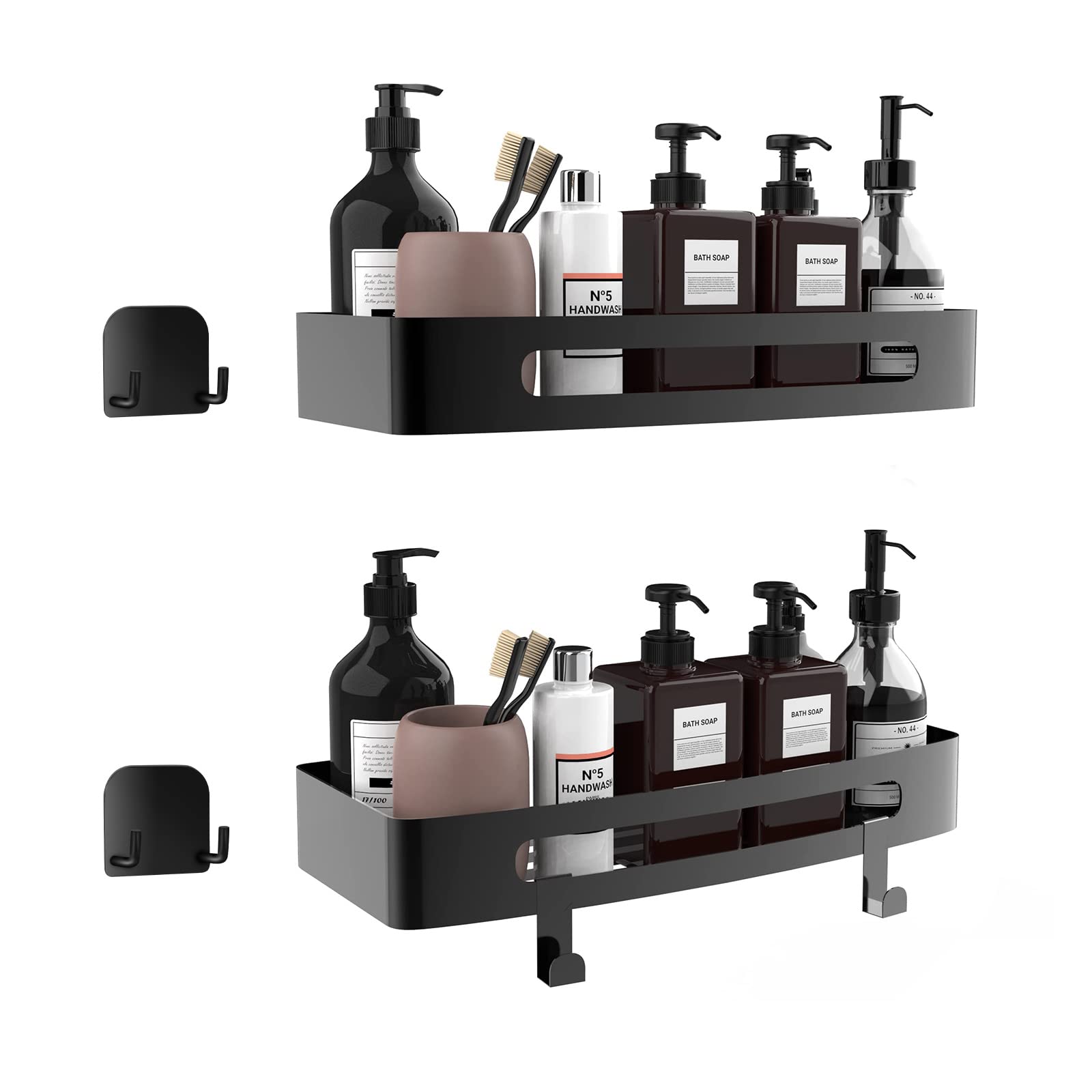 2-Pack Rustproof Stainless Steel Shower Caddy with 4 Hooks - No Drill Adhesive Shower Shelf Organizer for Bathroom & Kitchen Storage (Matte Black) - Perfect for Small Spaces, Apartment Living & Dorm Organization