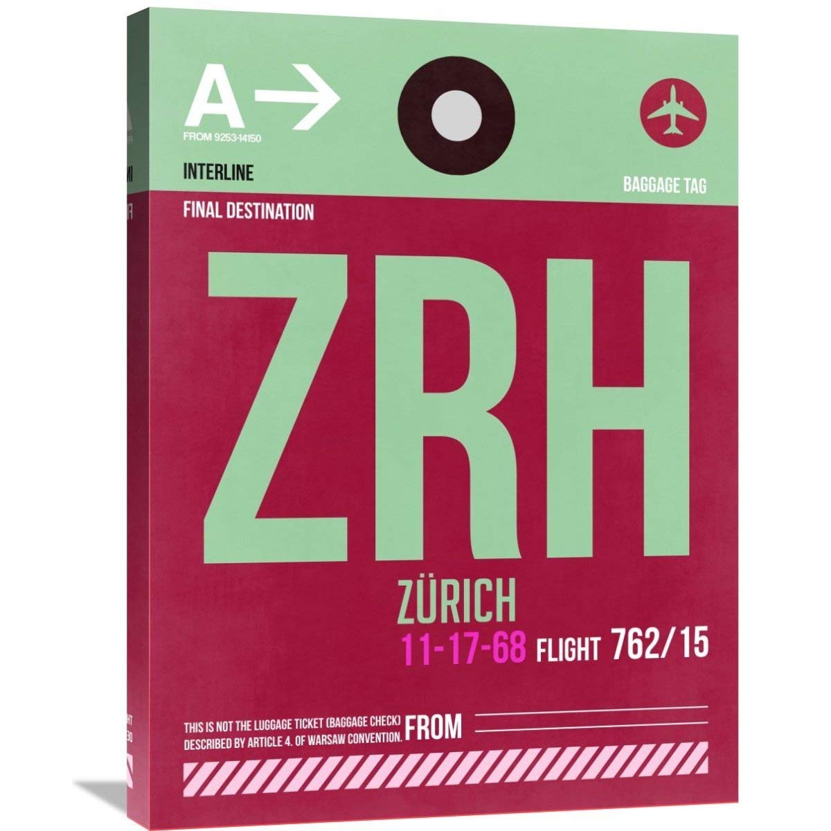 ZRH Zurich Luggage Tag 2 Stretched Canvas Wall Art - 48x36 Inches Modern Home Decor for Living Room, Office & Travel Themed Spaces