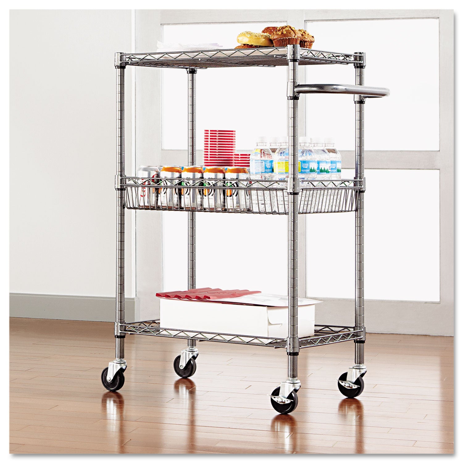 Alera® Heavy Duty 3-Tier Wire Utility Cart with Storage Basket - 500 lb Capacity Metal Rolling Cart (28