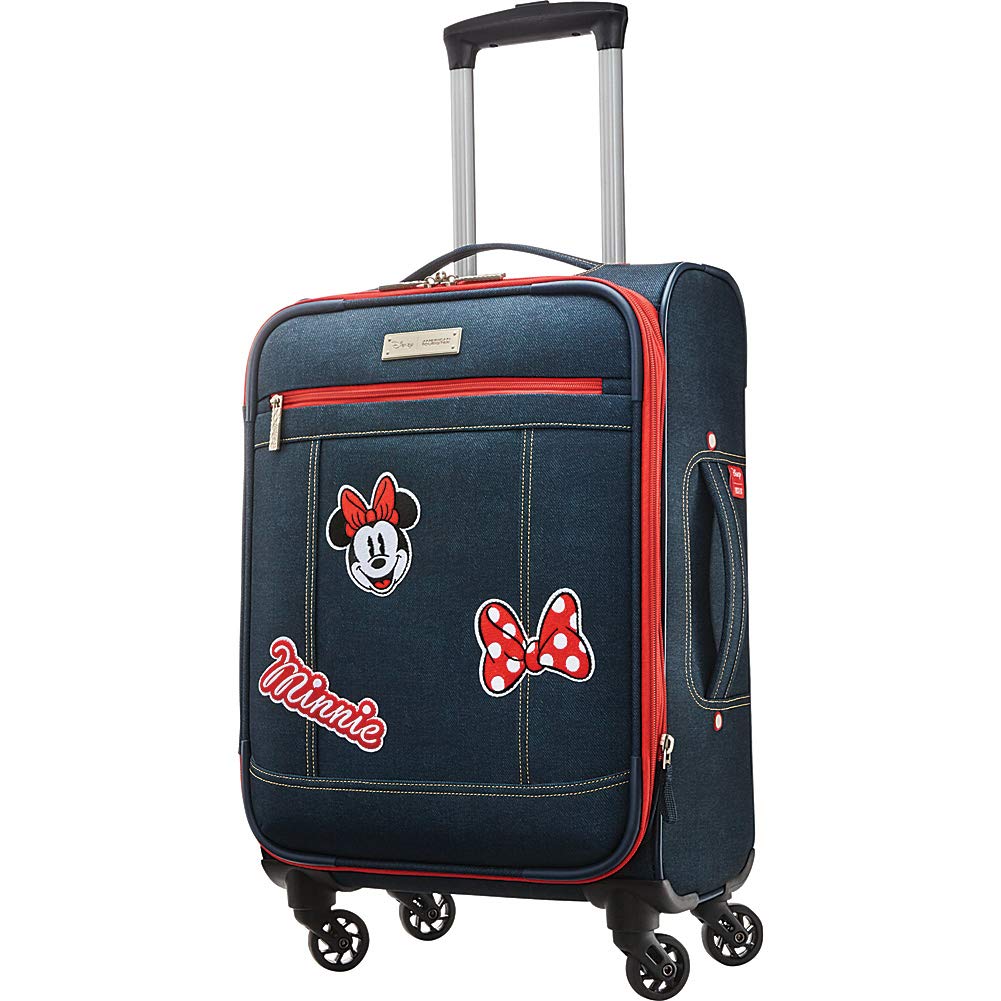American Tourister Disney Minnie Mouse Denim 21-Inch Carry-On Spinner Luggage - Lightweight Softside Suitcase for Travel, Vacation & Business Trips