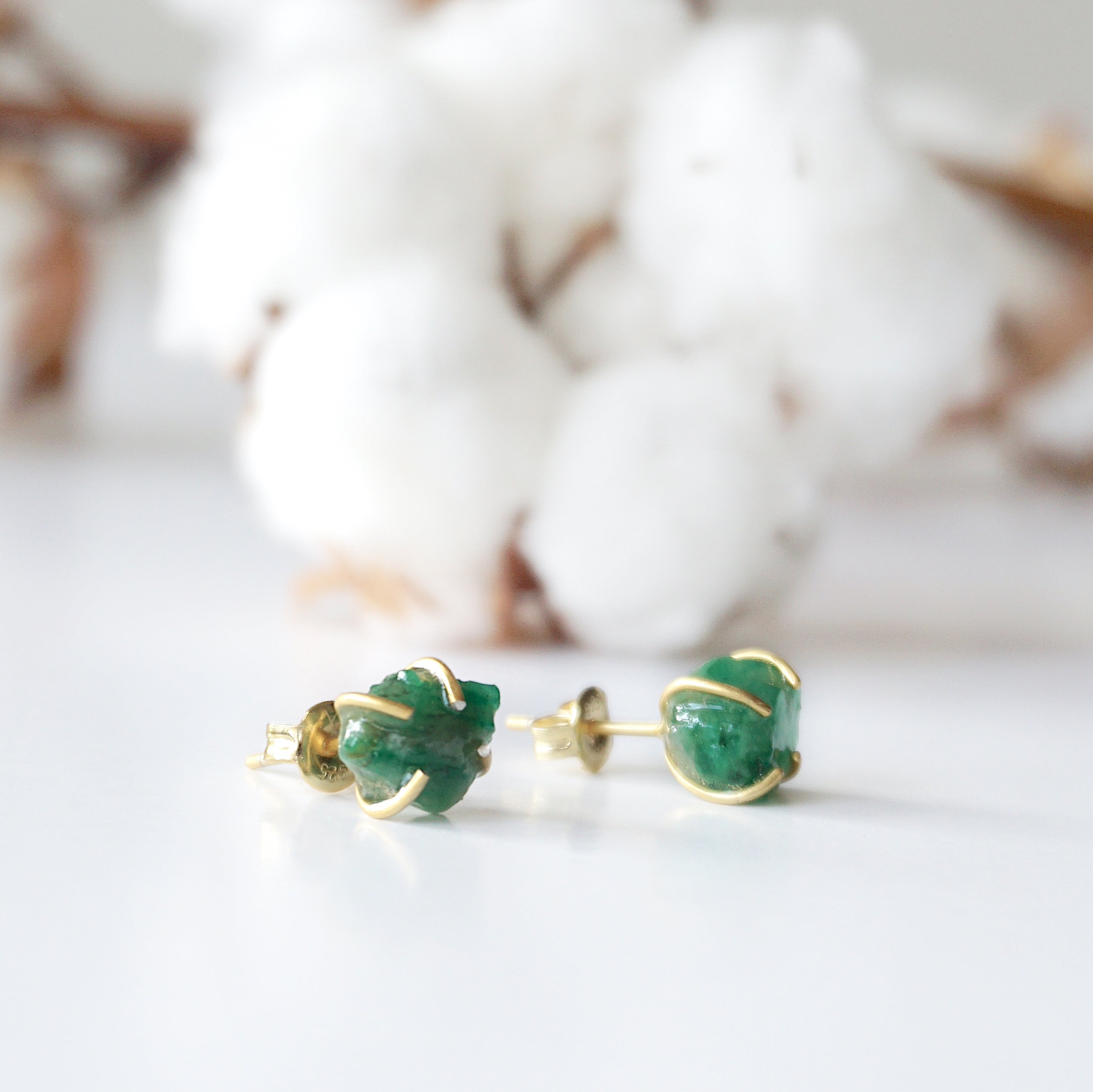 14K Gold Filled Raw Emerald Huggie Stud Earrings - Natural Gemstone Jewelry for Women, Perfect for Everyday Wear & Special Occasions