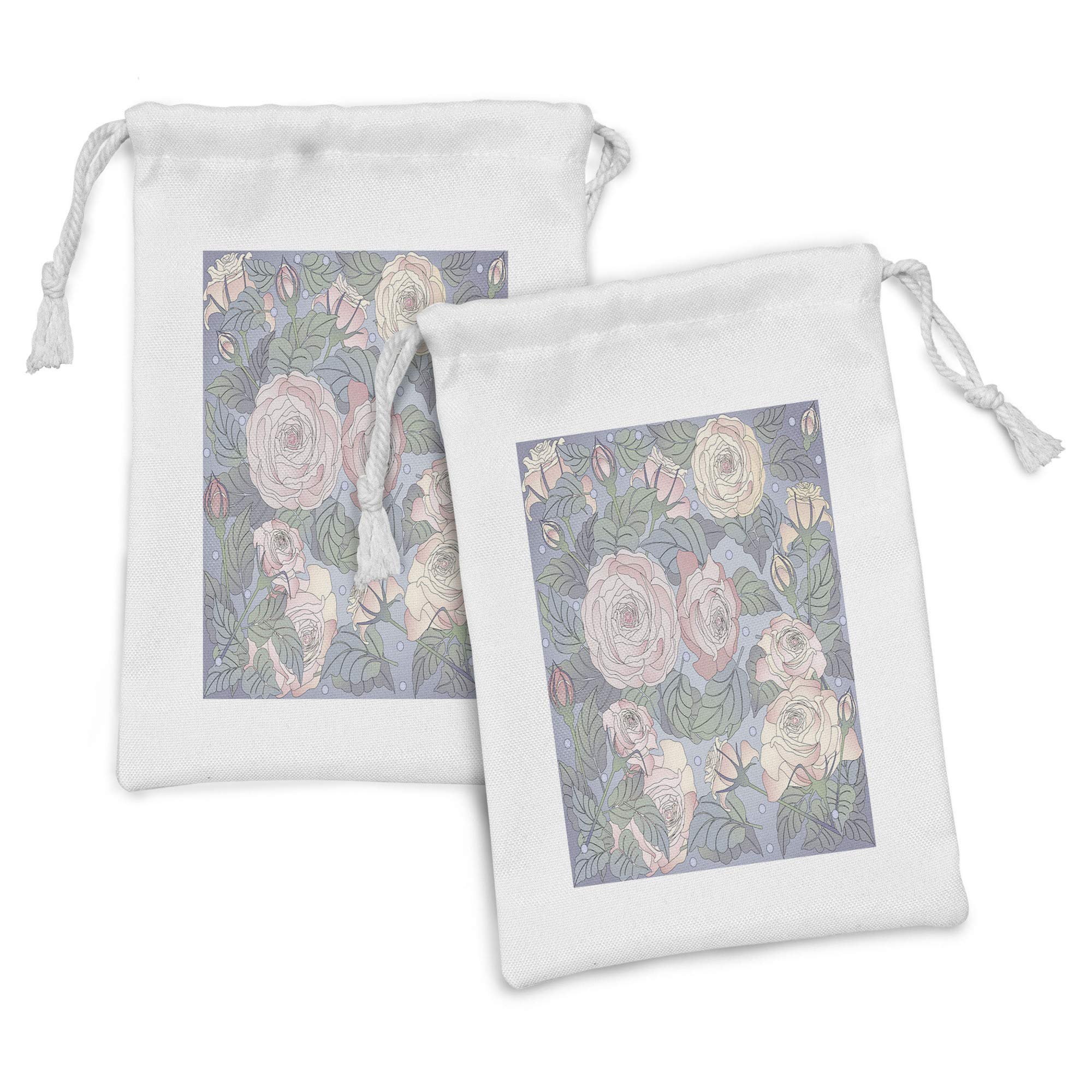 Ambesonne Floral Fabric Pouch Set of 2 - Pink Roses & Leaves Drawstring Bags (9