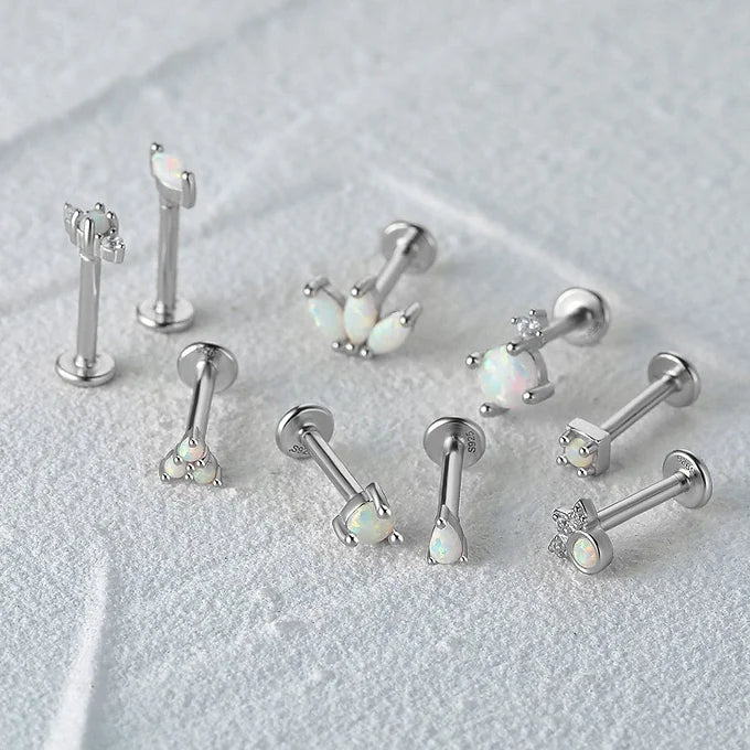 Opal Labret Flat Back Earrings - Surgical Steel Push Pin Studs for Cartilage, Helix, Nose Piercing | Hypoallergenic Body Jewelry for Women & Men | Perfect for Everyday Wear & Special Occasions