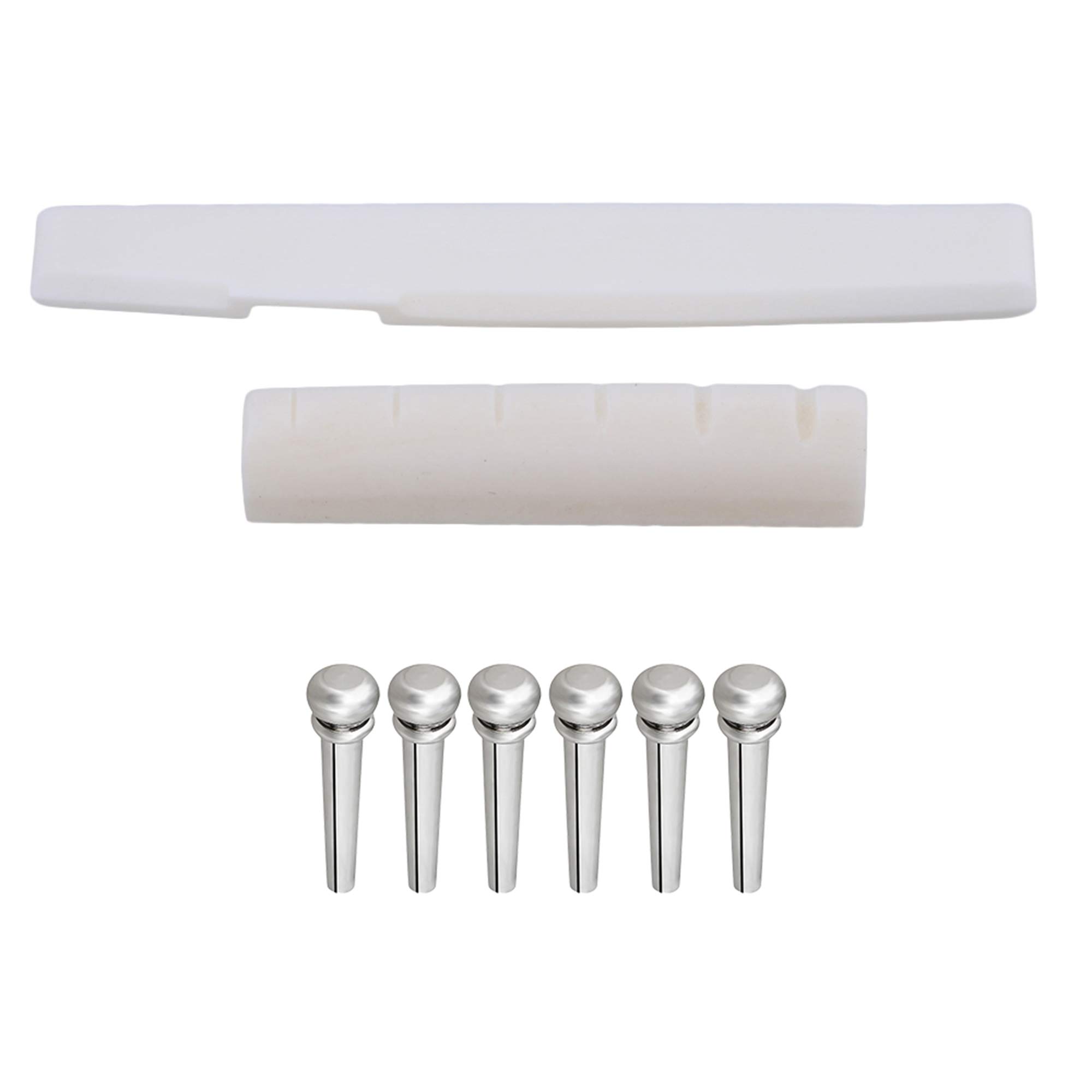 6 String Acoustic Guitar Bone Nut and Saddle Set with Metal Bridge Pins - Premium Upgrade Parts for Folk & Classical Guitars - Perfect for Guitar Maintenance, Repair, and Sound Enhancement