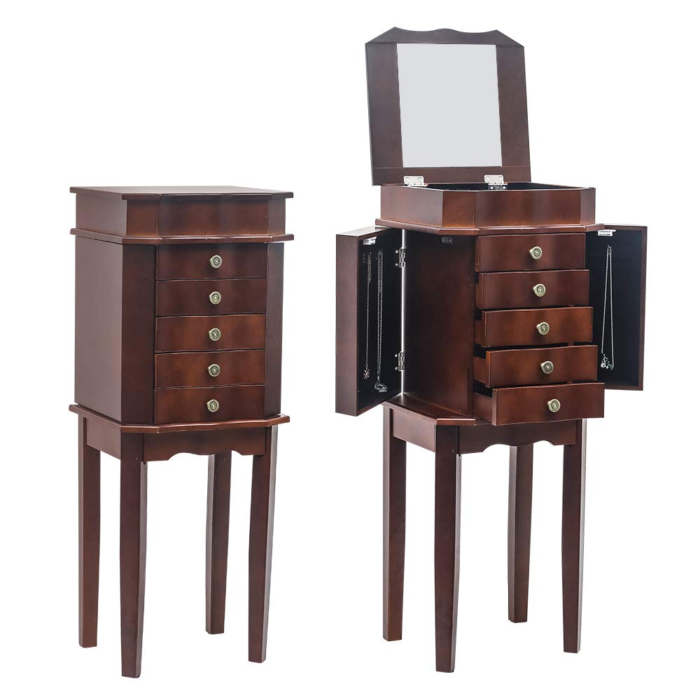 GT4-LY Standing Jewelry Armoire with Full-Length Mirror - 5 Drawers, 6 Necklace Hooks & Top Storage Organizer - Jewelry Cabinet Chest with 2 Side Swing Doors (Brown) - Perfect for Bedroom, Closet & Dressing Room Organization