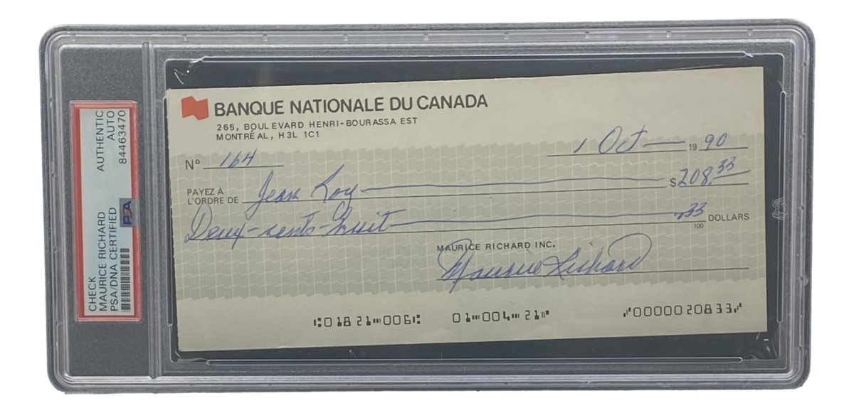 Authentic Maurice Richard Autographed Montreal Canadiens Bank Check #164 - PSA/DNA Certified Hockey Memorabilia for Collectors & Sports Fans | Perfect for Man Cave, Sports Bar Decor, or Hockey Gift Idea