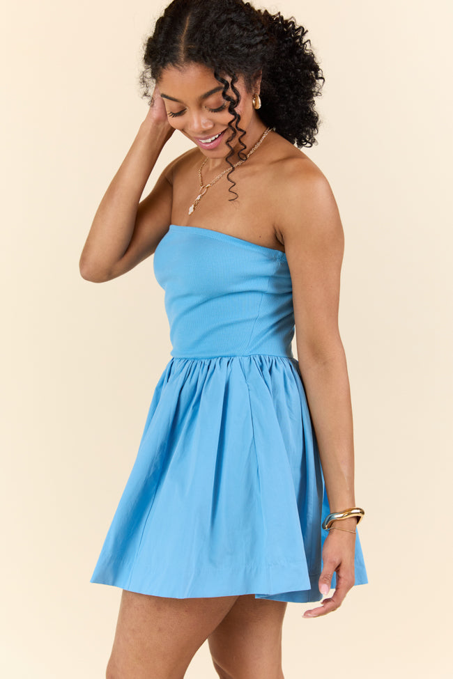 Ready By Noon Blue Strapless Fit and Flare Dress - Women's Summer Cocktail Party Dress for Weddings, Date Nights & Special Occasions | On Sale