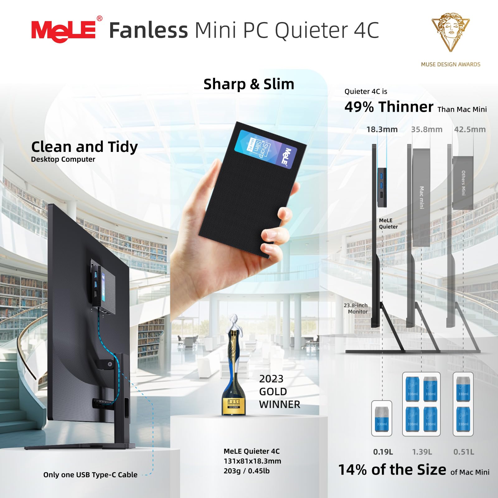MeLE Quieter 4C Mini PC - Intel 12th Gen N100 Fanless Computer, 16GB RAM 512GB SSD, Dual-Band WiFi, USB-C, 4K Triple Display - Perfect for Home Office, Remote Work, Digital Signage & Gaming