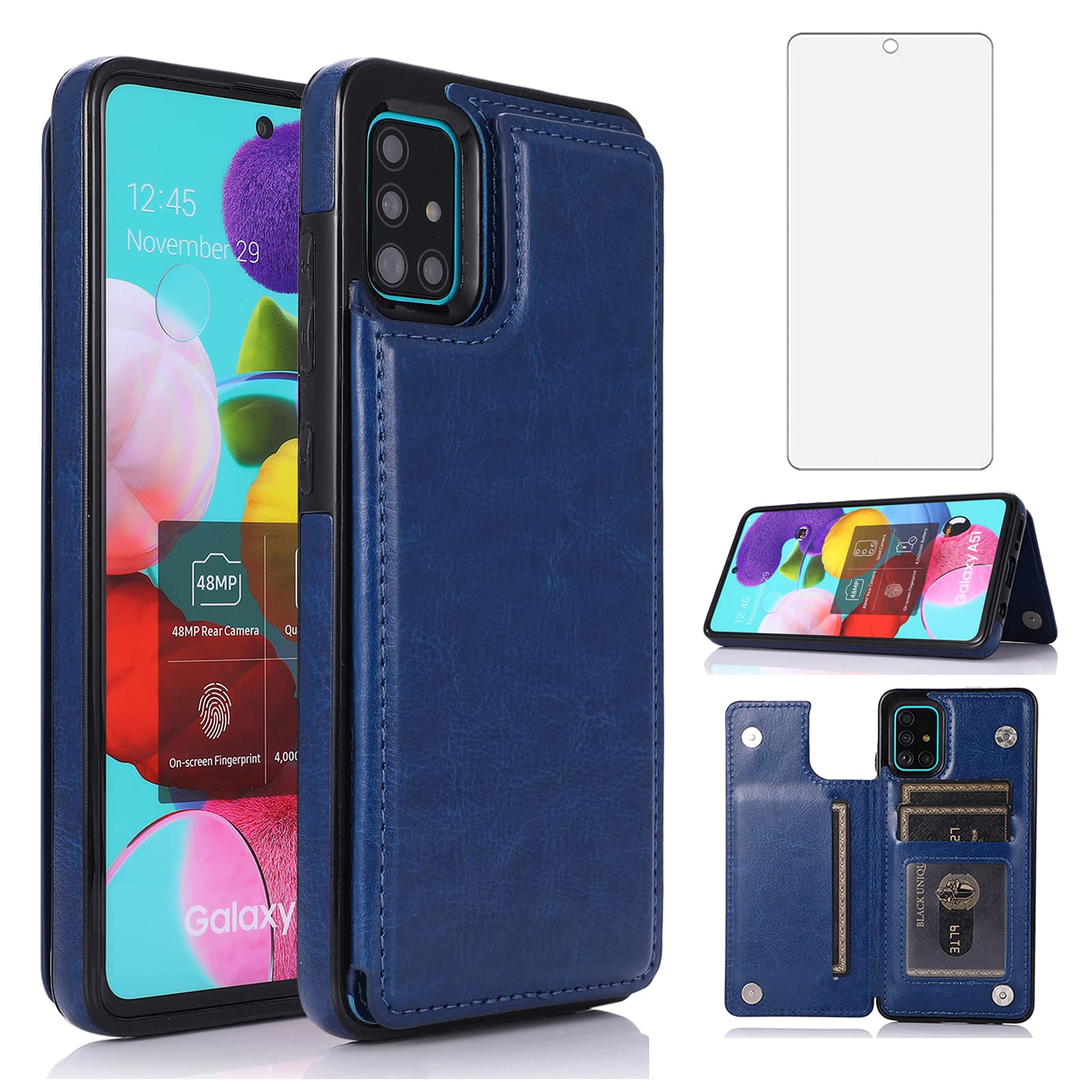 **Asuwish Wallet Case with Card Holder & Stand for Samsung Galaxy A51 5G/A51 5G UW Verizon | Tempered Glass Screen Protector Included | Stylish Blue Protective Cover for Men & Women | Perfect for Work, Travel & Daily Use**
