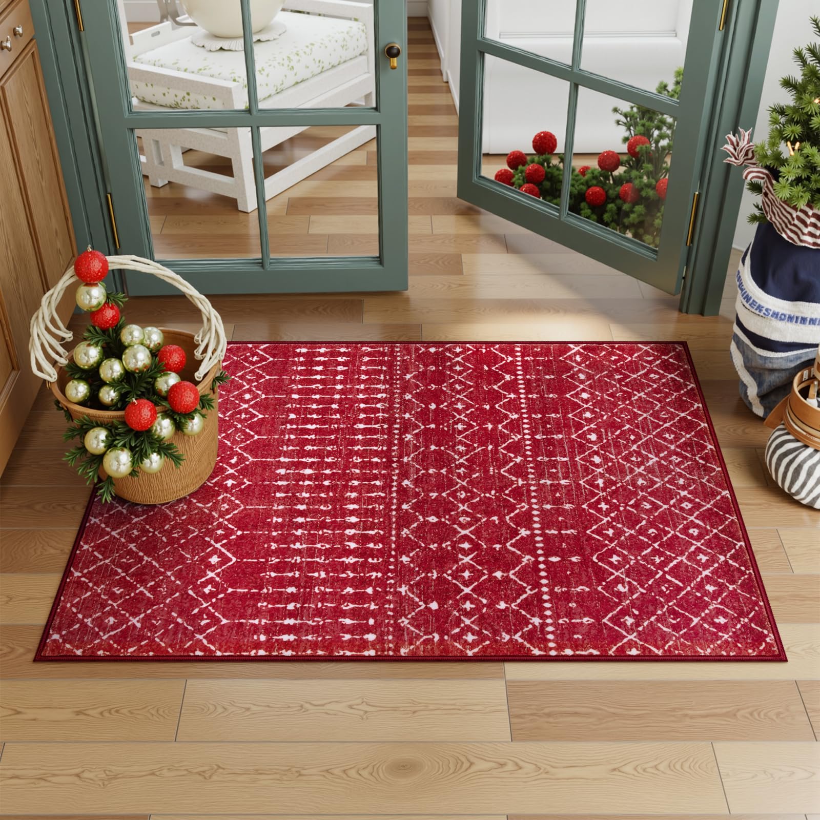 Beeiva Moroccan Christmas Entryway Rug 2x3 ft - Washable Non-Slip Rubber Backed Geometric Small Rug for Kitchen, Bathroom, Living Room - Soft Low-Pile Throw Rug in Red - Perfect for Holiday Decor & High Traffic Areas