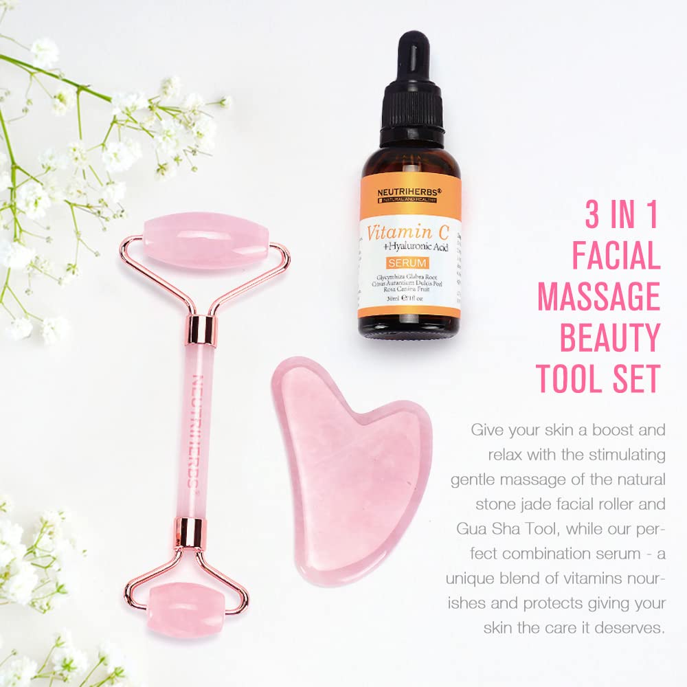 Neutriherbs 3-in-1 Jade Gua Sha & Face Roller & Vitamin C Serum Set - Anti-Aging Facial Massage Tools for Wrinkles, Fine Lines, Puffiness - Skin Firming & Relaxing Home Spa Kit (Pink) | Perfect for Morning Routine, Night Skincare & Self-Care Gifts