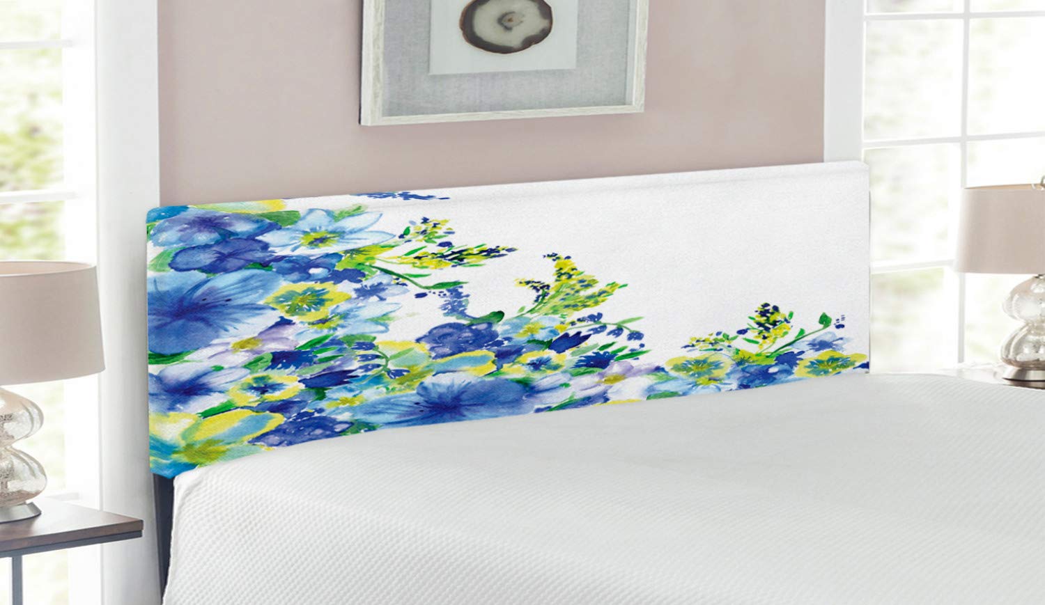Ambesonne Watercolor Floral Headboard - Queen Size Upholstered Bed Headboard with Memory Foam | Blue & Yellow Motley Floret Design, Nature-Inspired Splash Anemone Iris Patterns | Perfect for Bedroom Decor, Guest Rooms & Bohemian Style Interiors