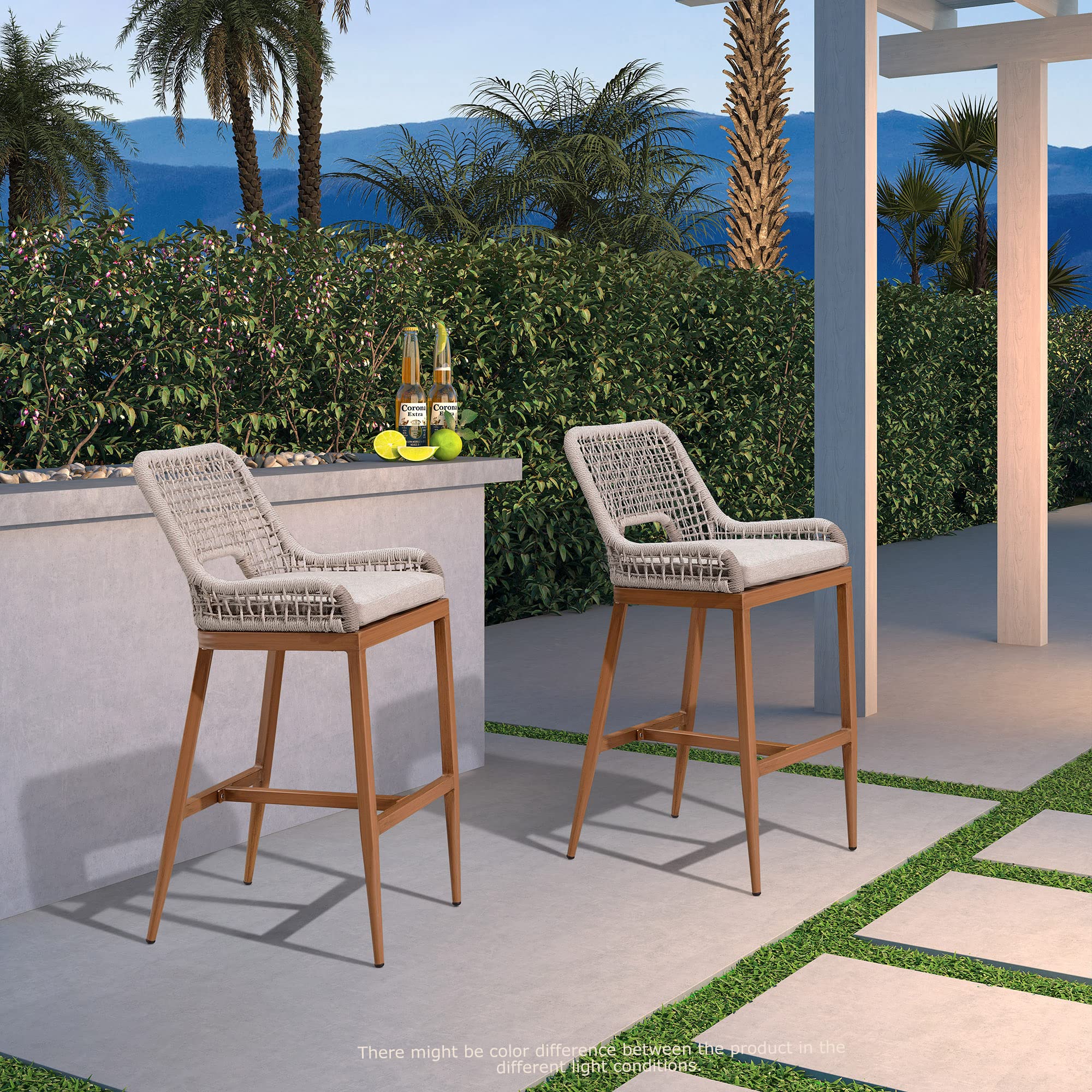 PURPLE LEAF 2-Piece Outdoor Counter Height Bar Stool Set - Modern Patio Metal Stools with Backrest, Arms & Cushions - Perfect for Poolside, Deck, Garden or Outdoor Dining Areas