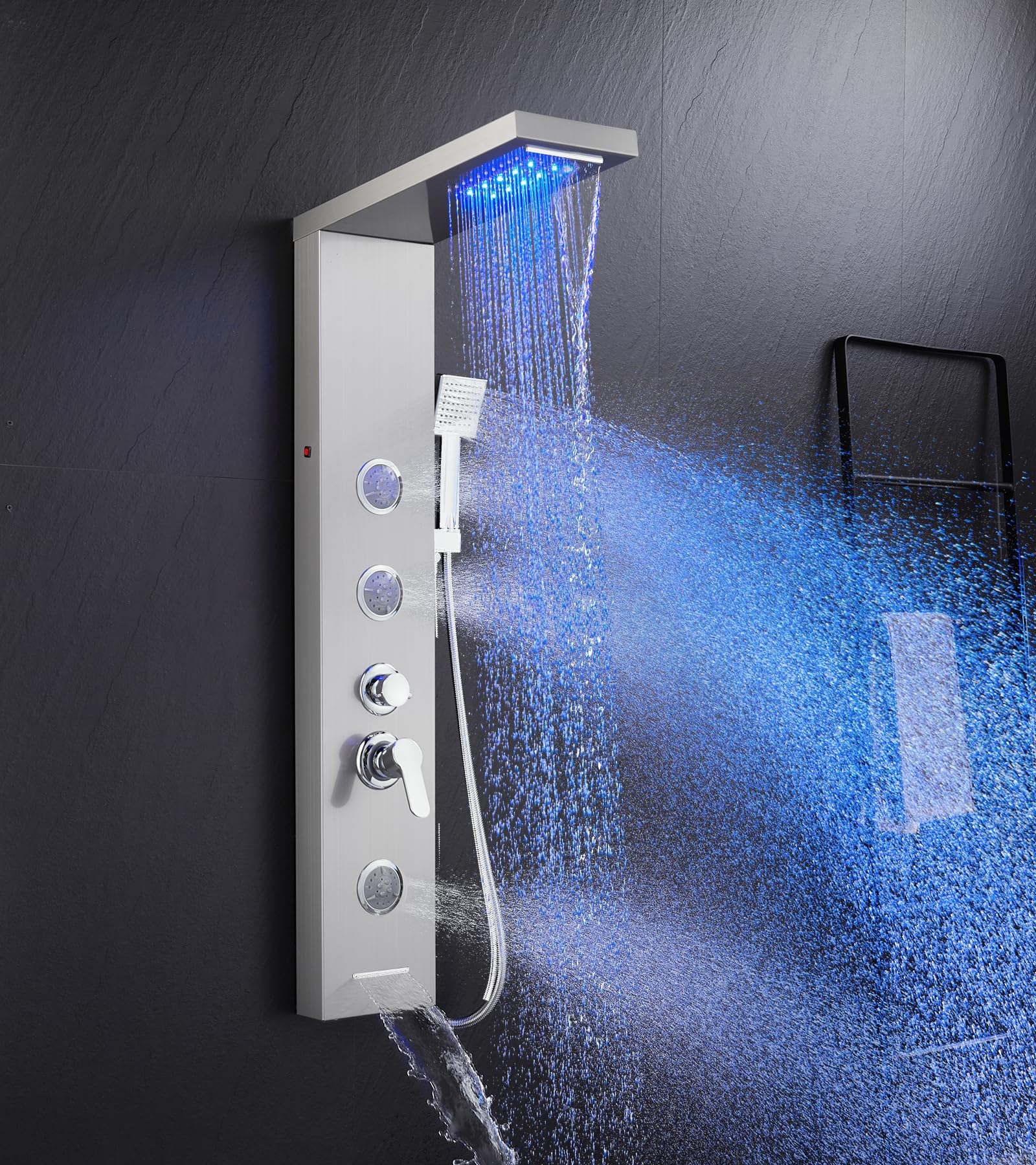 5 in 1 Shower Panel Tower System with LED Lights - Rainfall & Waterfall Shower Head, 3 Adjustable Body Jets, Handheld Shower & Tub Spout (Brushed Nickel) - Luxury Bathroom Upgrade for Spa-Like Experience at Home