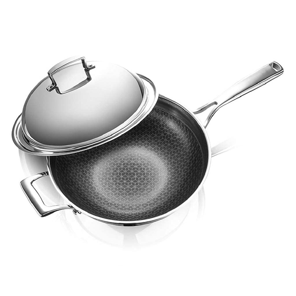 UWY 32cm 304 Stainless Steel Wok - Smokeless Oil Frying Pan with Non-Stick Surface for Gas & Induction Cookers - Flat Bottom Universal Cookware for Stir-Frying, Deep Frying & Asian Cooking