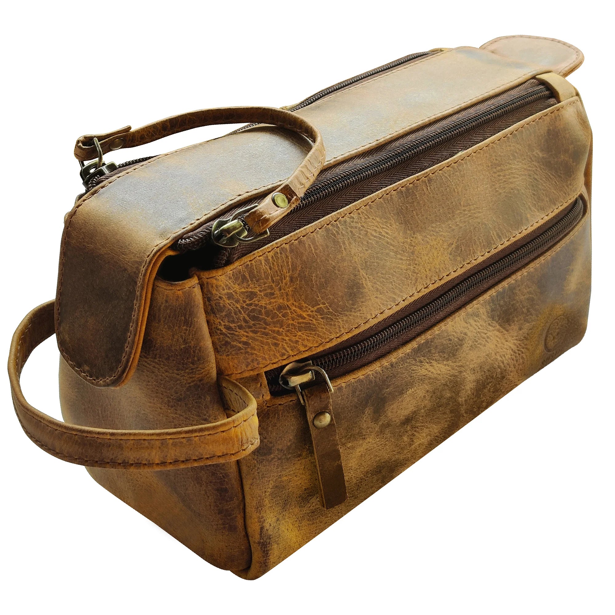 Premium Leather Travel Toiletry Bag for Men & Women - Vintage Antique Brown Cosmetic Organizer - Perfect for Vacation, Business Trips & Gym Essentials Storage