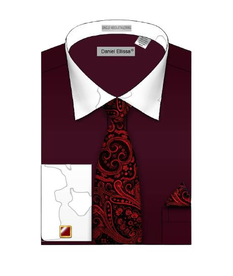 Daniel Ellissa DS3825P2 Solid Burgundy French Cuff Dress Shirt for Men - Premium White Collar Formal Wear for Business, Office & Special Occasions