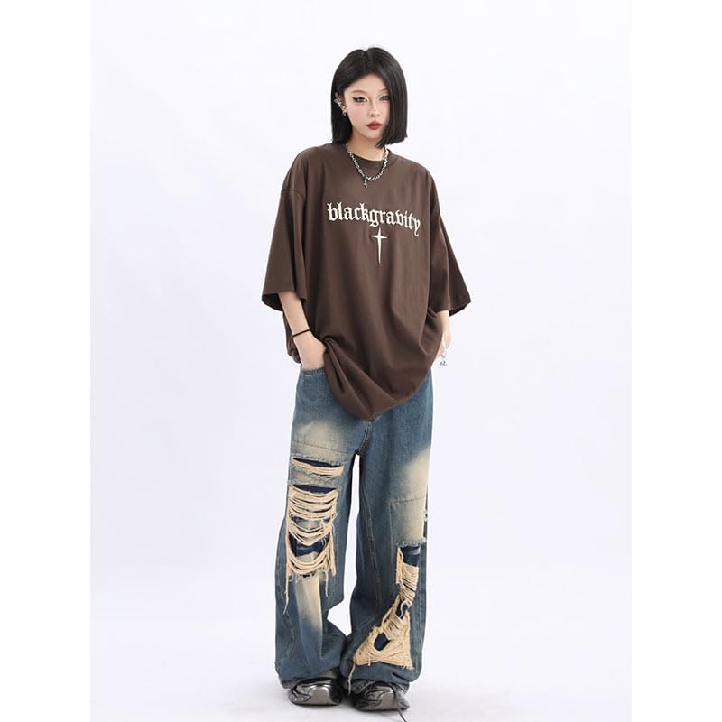 Y2K Gothic Black Baggy Jeans - High Waist Vintage Ripped Pants for Casual Streetwear