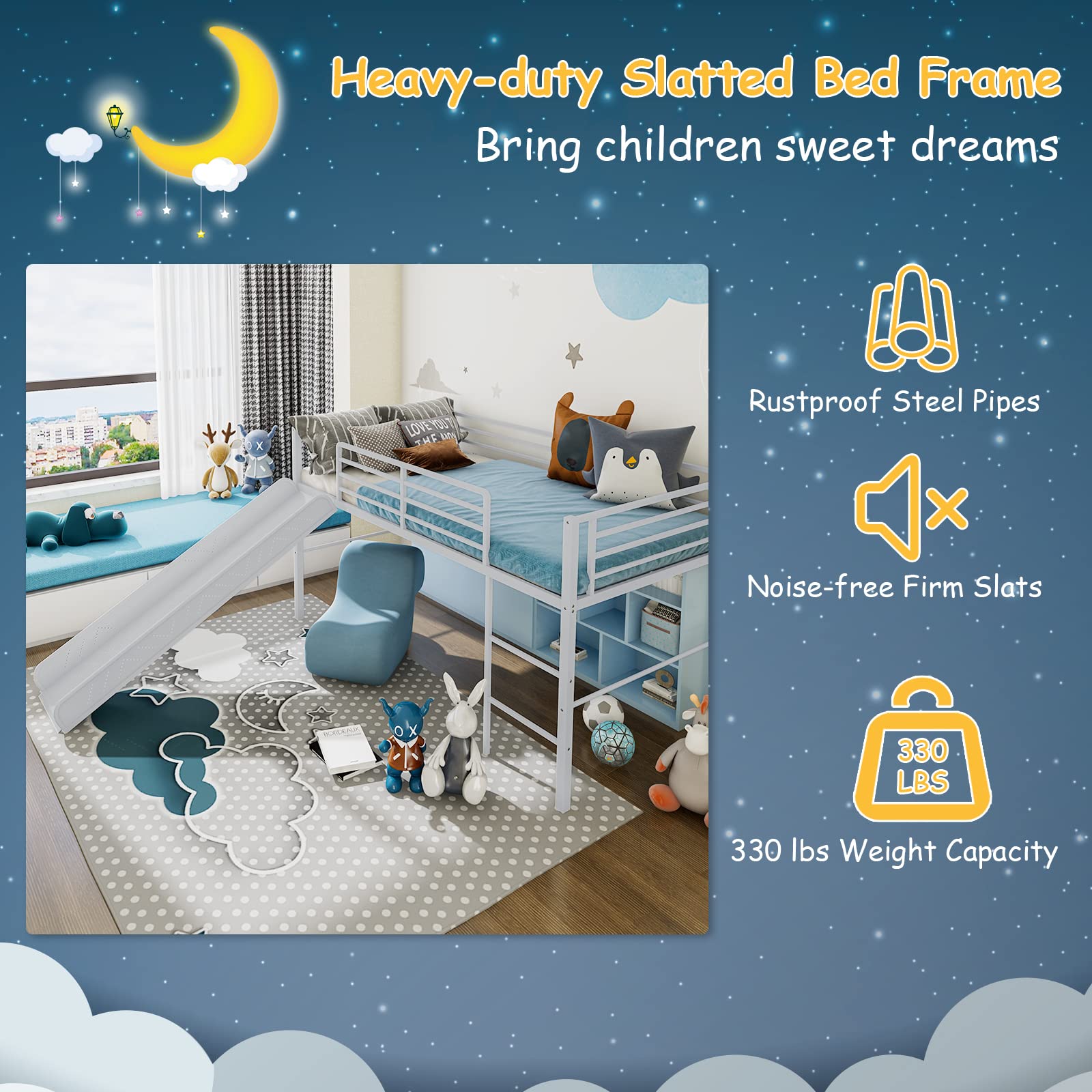 **Giantex Twin Loft Bed with Slide - Sturdy Metal Low Bunk Bed for Kids, Safety Guardrails & Built-in Ladder, No Box Spring Needed, Toddler Bed Floor Frame for Boys & Girls (Silver) - Perfect for Small Bedrooms, Playrooms & Sleepovers**