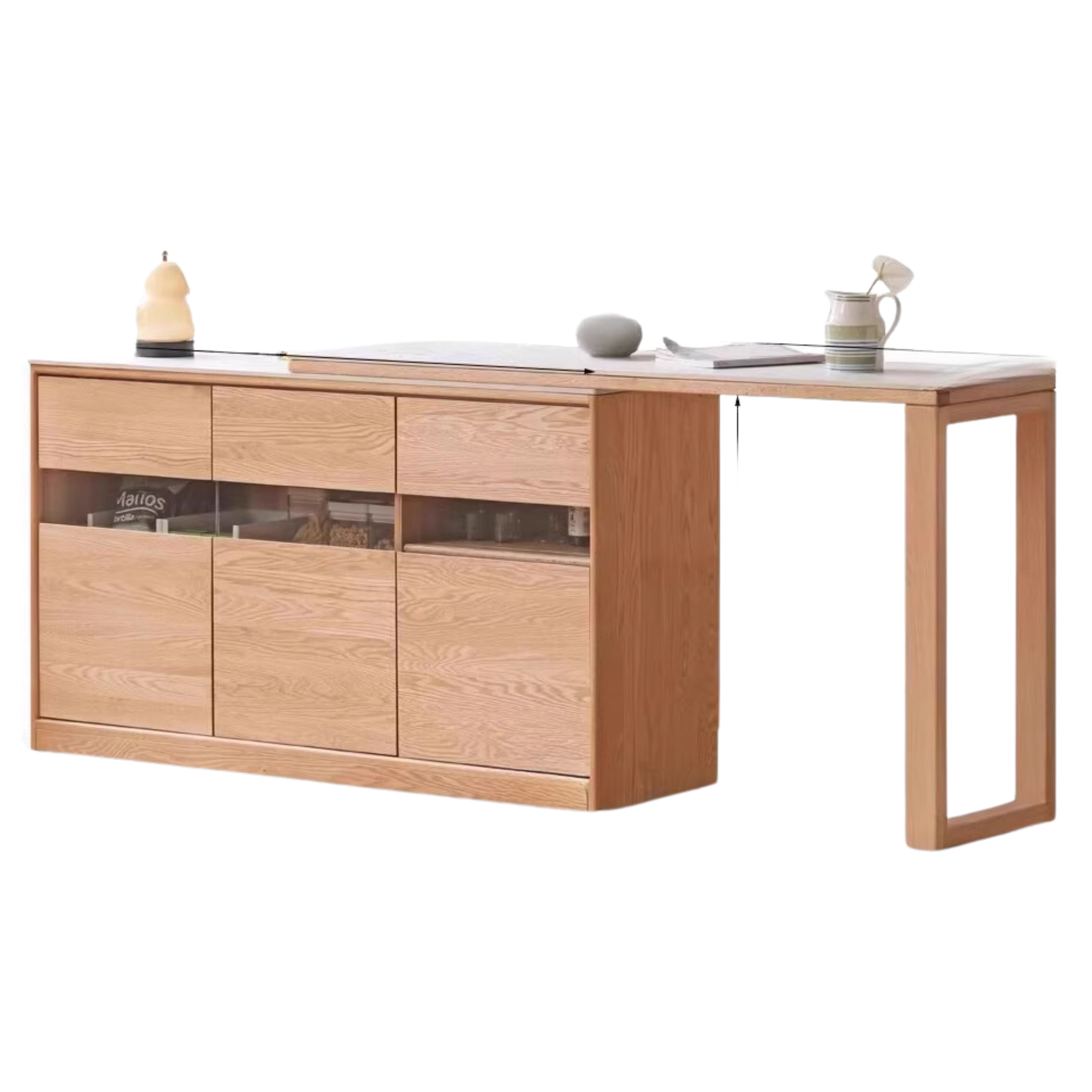 Oak Solid Wood Nordic Sideboard with Slate Top - Modern Buffet Cabinet for Dining Room, Living Room & Entryway Storage