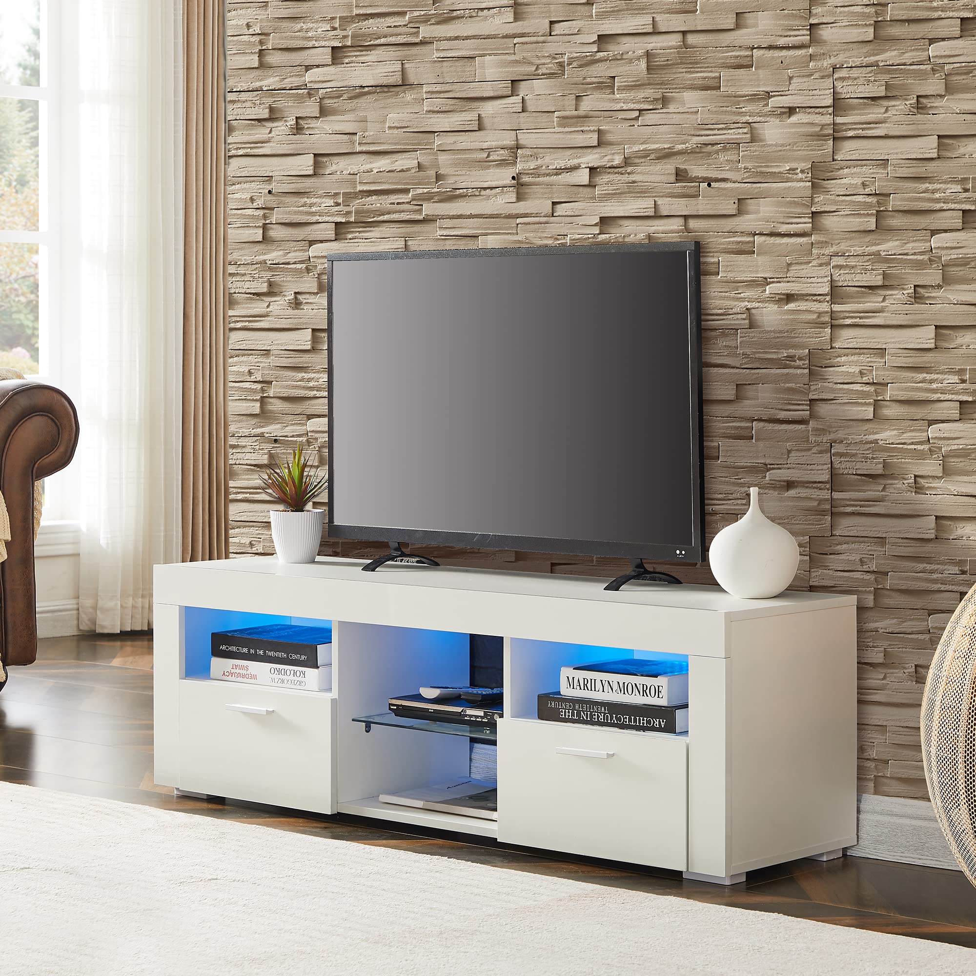 55 Inch TV Stand with LED Lights & 2 Drawers - Modern White Gloss Entertainment Center, Living Room TV Console Table for Home Theater Setup - Perfect for Gaming, Movie Nights & Family Entertainment
