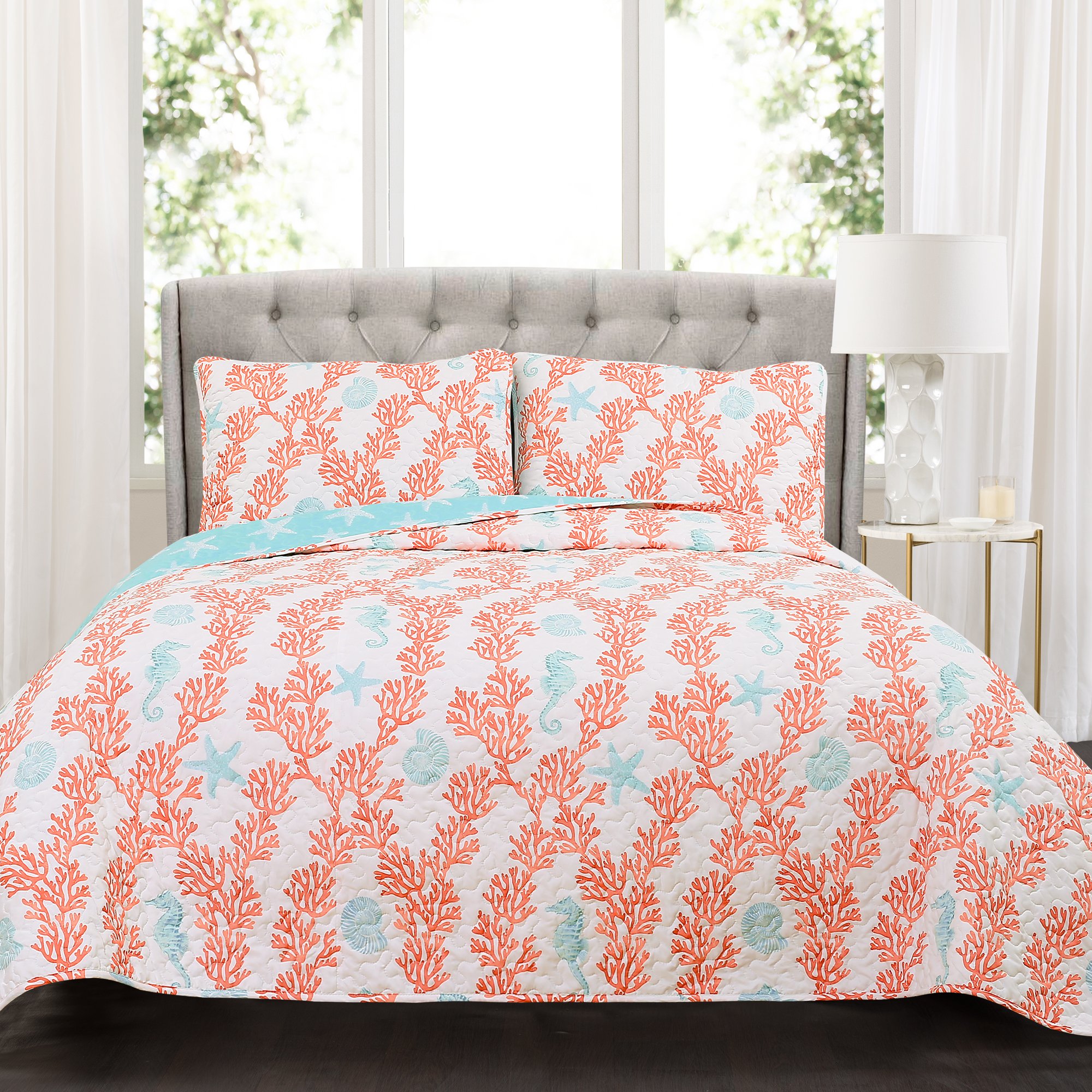 Lush Decor Dina 3 Piece Quilt Set - Full/Queen Size, Blue & Coral Floral Design - Soft Bedding for Cozy Bedroom Decor & Guest Room Makeover