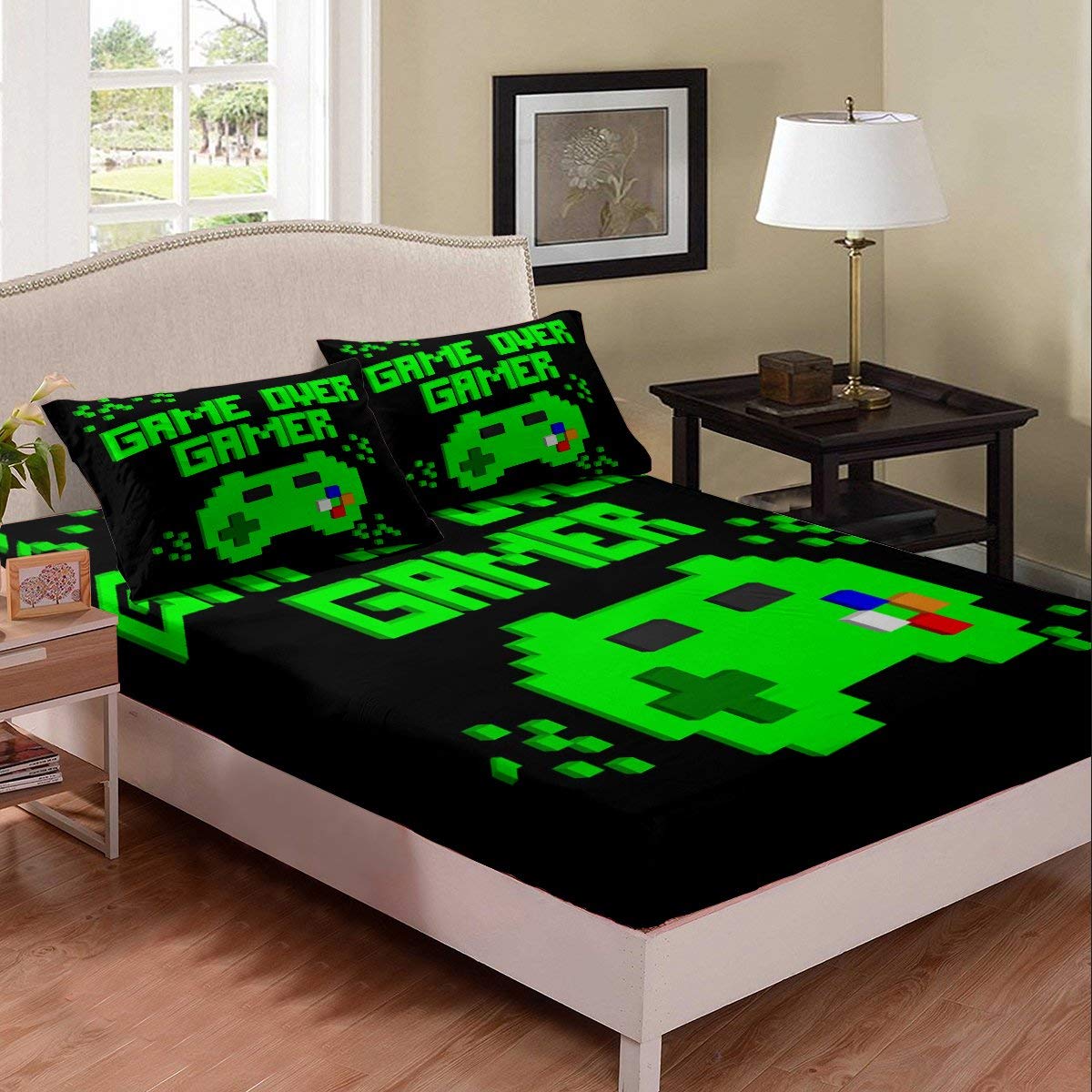 Retro Video Game Controller Bedding Set - Queen Size Gaming Bed Sheets for Kids, Boys & Girls - Green & Black Gamepad Fitted Sheet & Bed Cover - Perfect for Gamer Bedrooms, Teen Rooms & Modern Decor