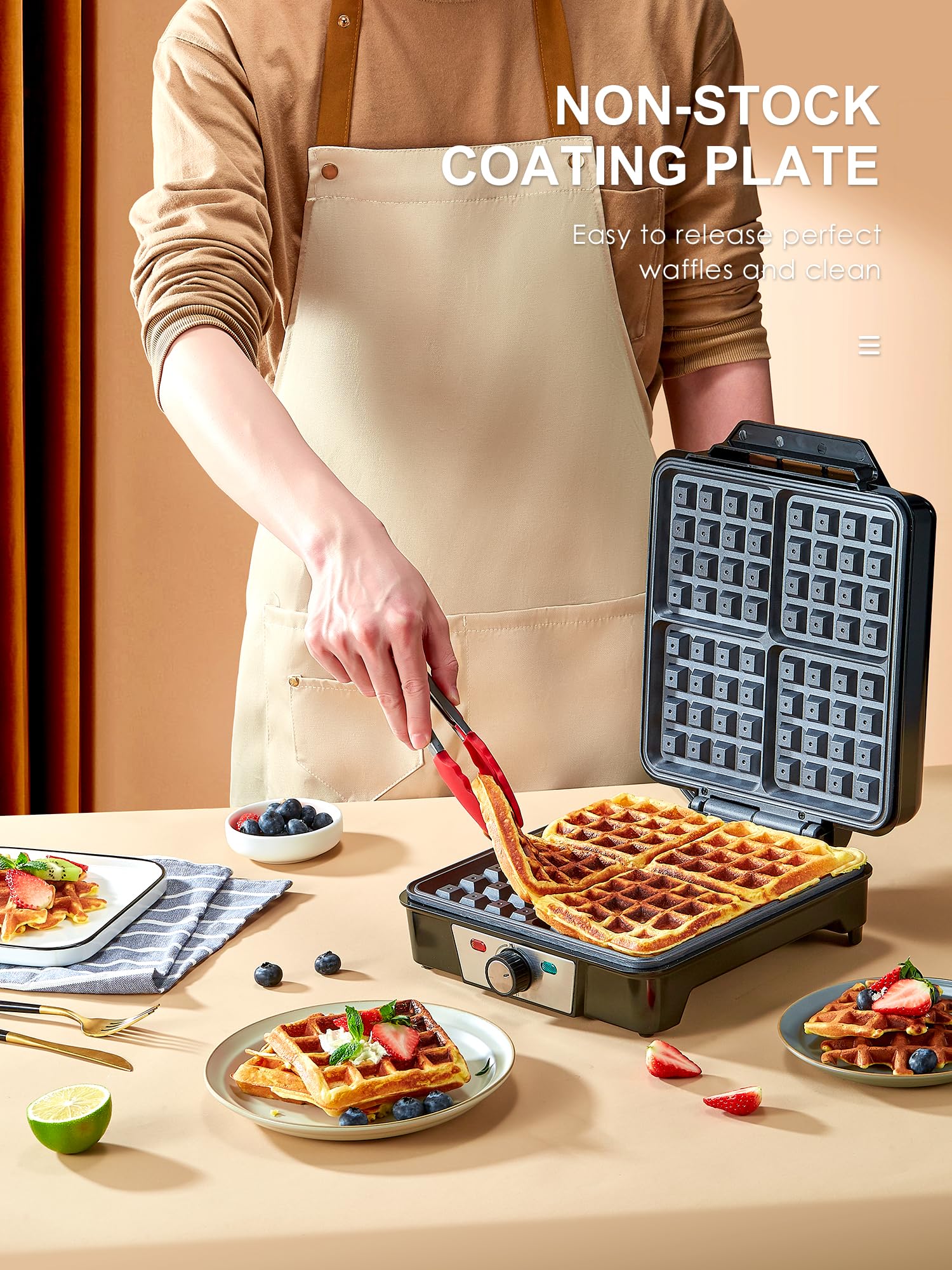 Premium Belgian Waffle Maker 4-Slice 1200W - Adjustable Browning Control, Non-Stick Plates, Anti-Overflow Design with Indicator Lights (Silver/Black) - Perfect for Breakfast, Brunch, and Family Gatherings