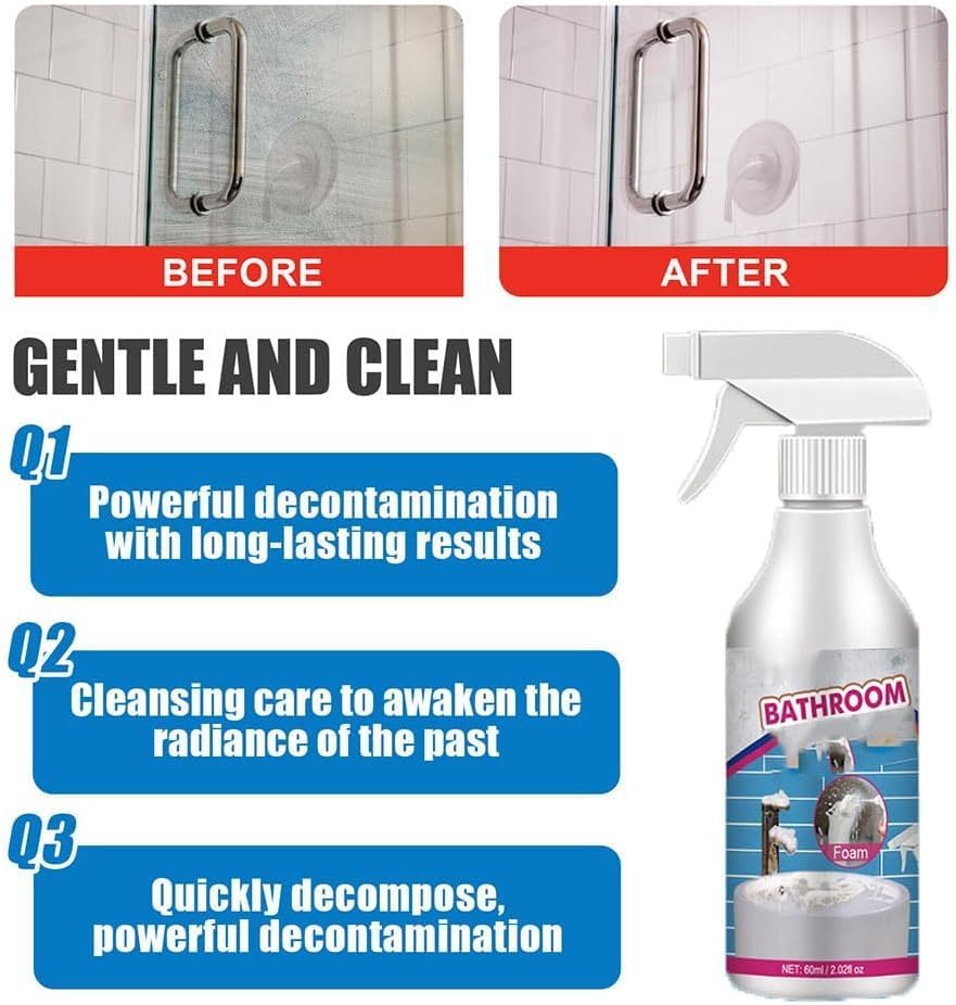 XKrmp Multipurpose Bathroom Foam Cleaner Spray - Powerful Stubborn Stain Remover for Tiles, Sinks & Showers - 60ml Foaming Cleaner (2-Pack) - Ideal for Bathroom, Kitchen & Household Cleaning