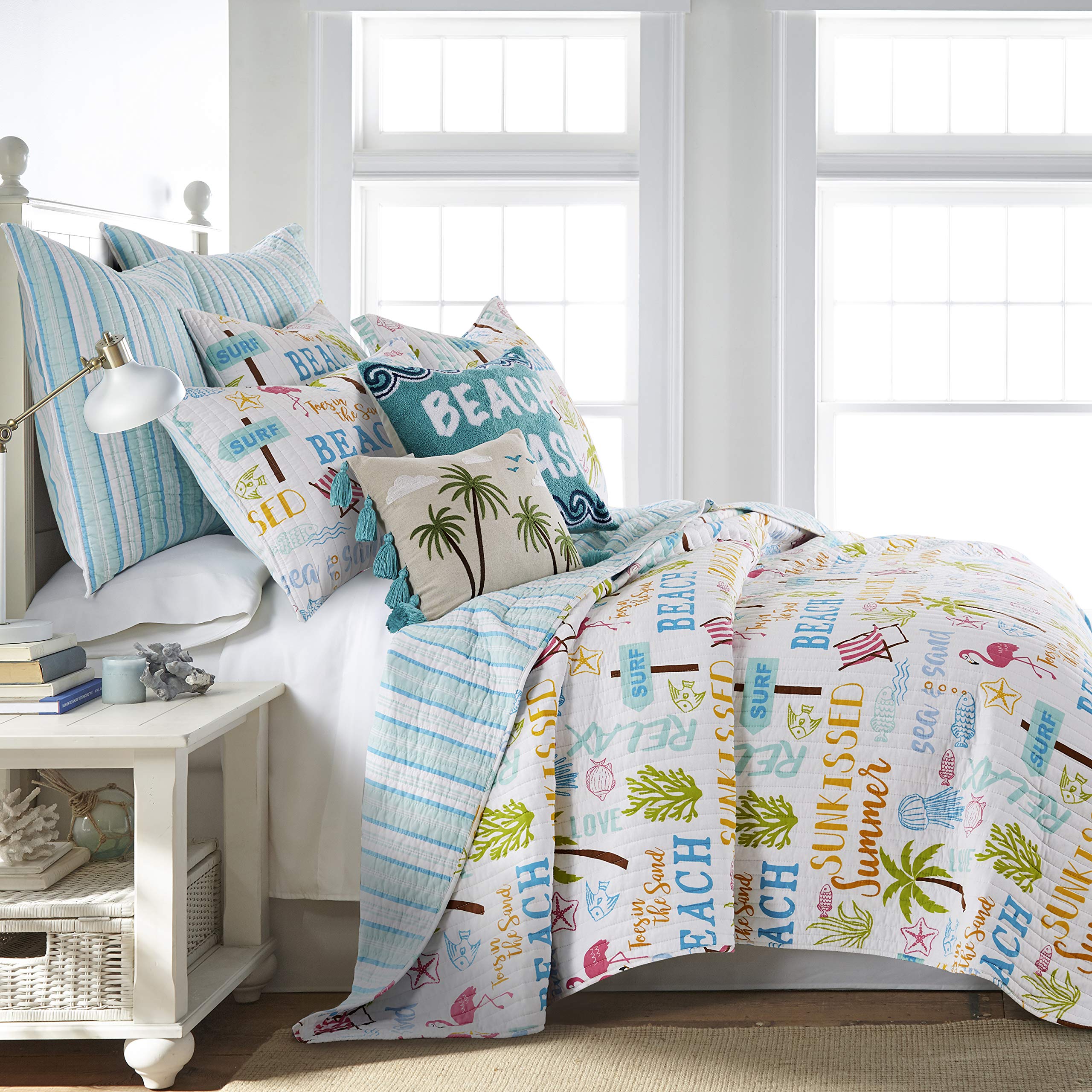 Levtex Home King Size Beach Days Quilt Set - 106x92 Inch Reversible Coastal Quilt with 2 Pillow Shams (36x20in) - Teal Blue, Yellow, Green, Brown & Pink Cotton Bedding - Perfect for Beach House, Coastal Decor & Summer Bedroom Styling